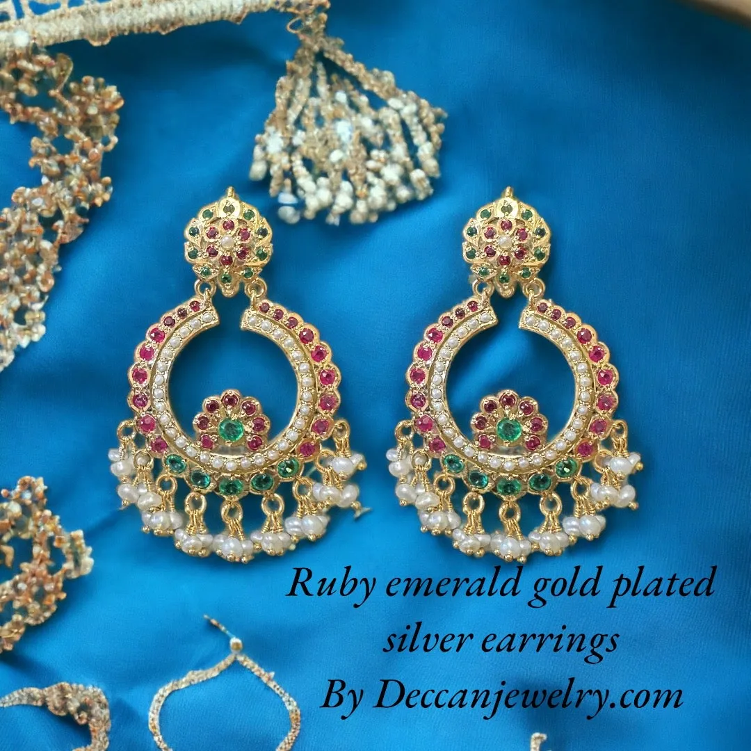 Ruby emerald with fresh water pearl chandbali earrings in gold plated silver ( SHIPS IN 5 WEEKS )