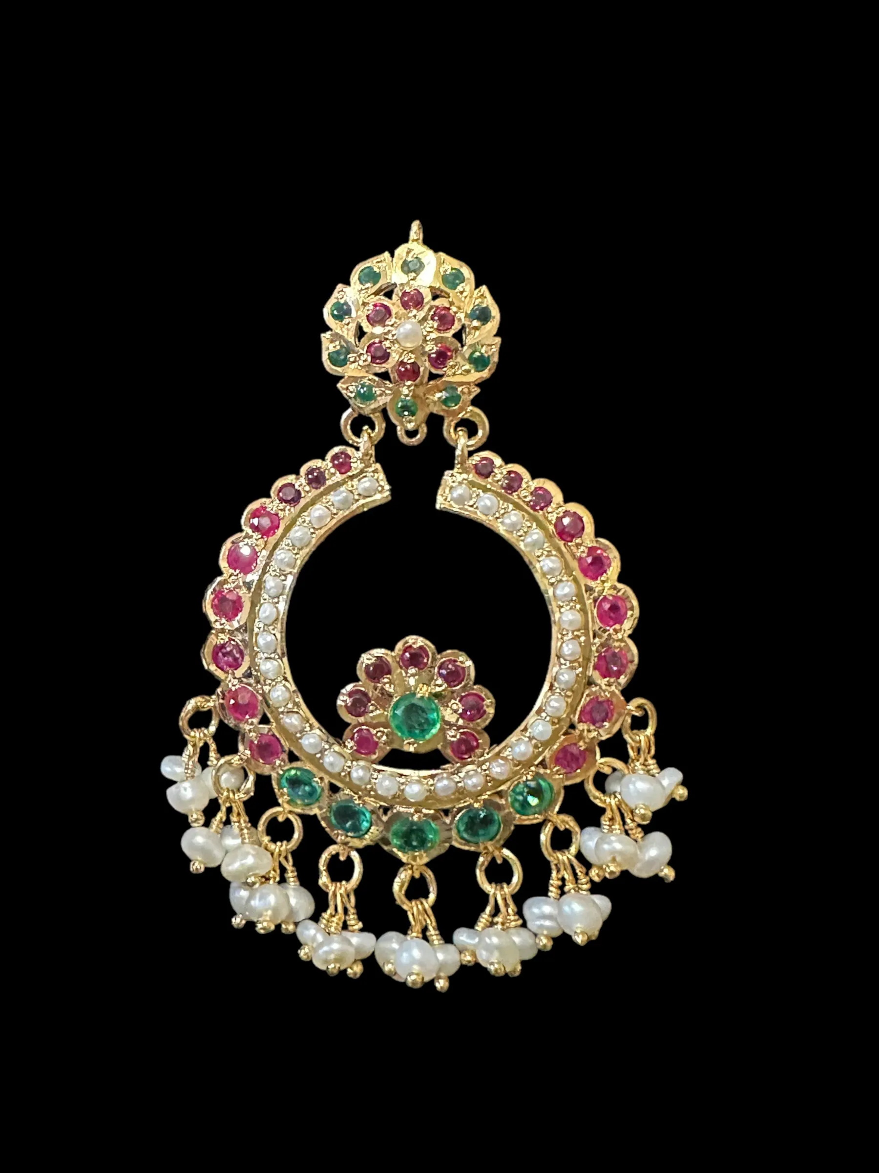 Ruby emerald with fresh water pearl chandbali earrings in gold plated silver ( SHIPS IN 5 WEEKS )