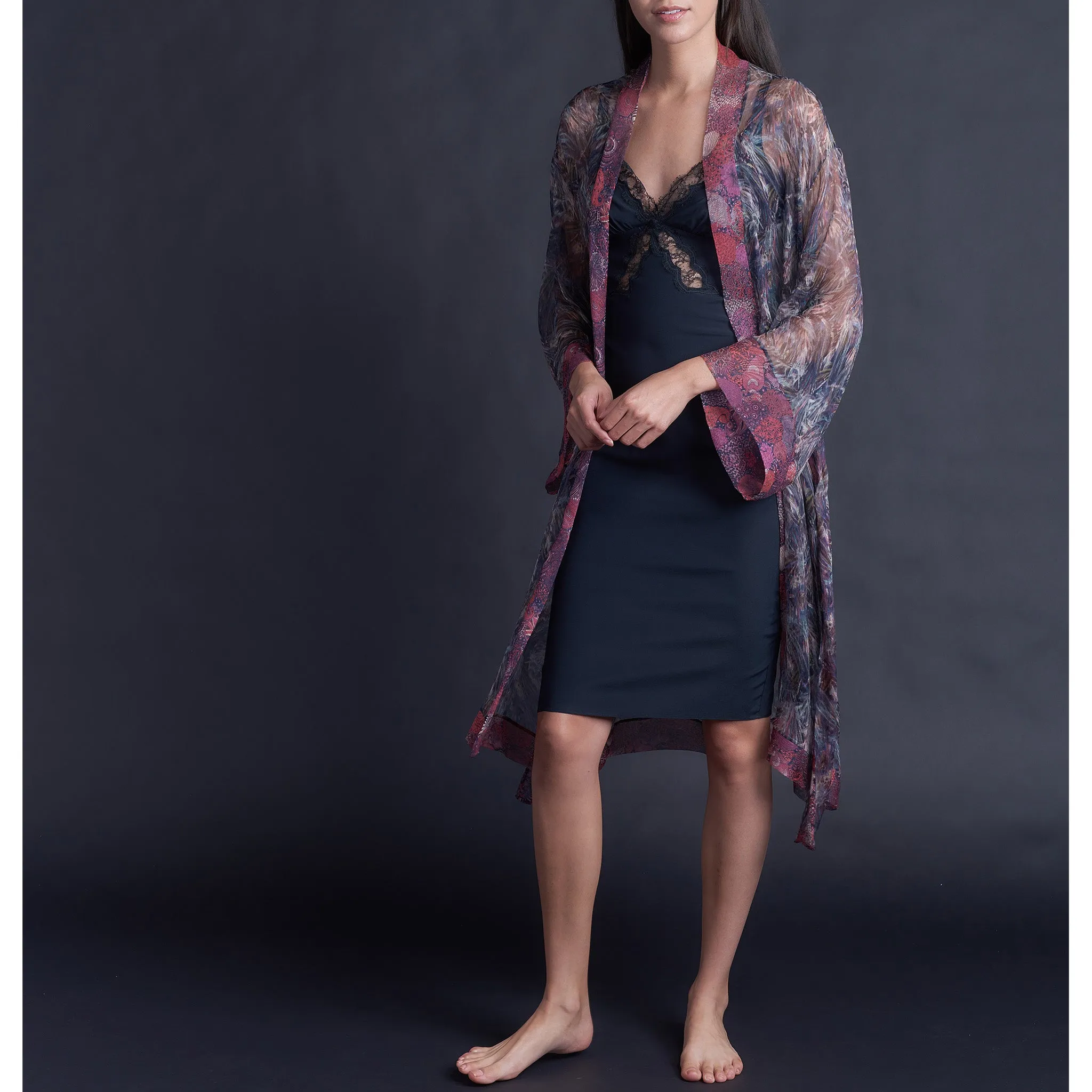 Selene Knee Length Robe in Print Block Saxby Liberty Silk Crinkle Chiffon