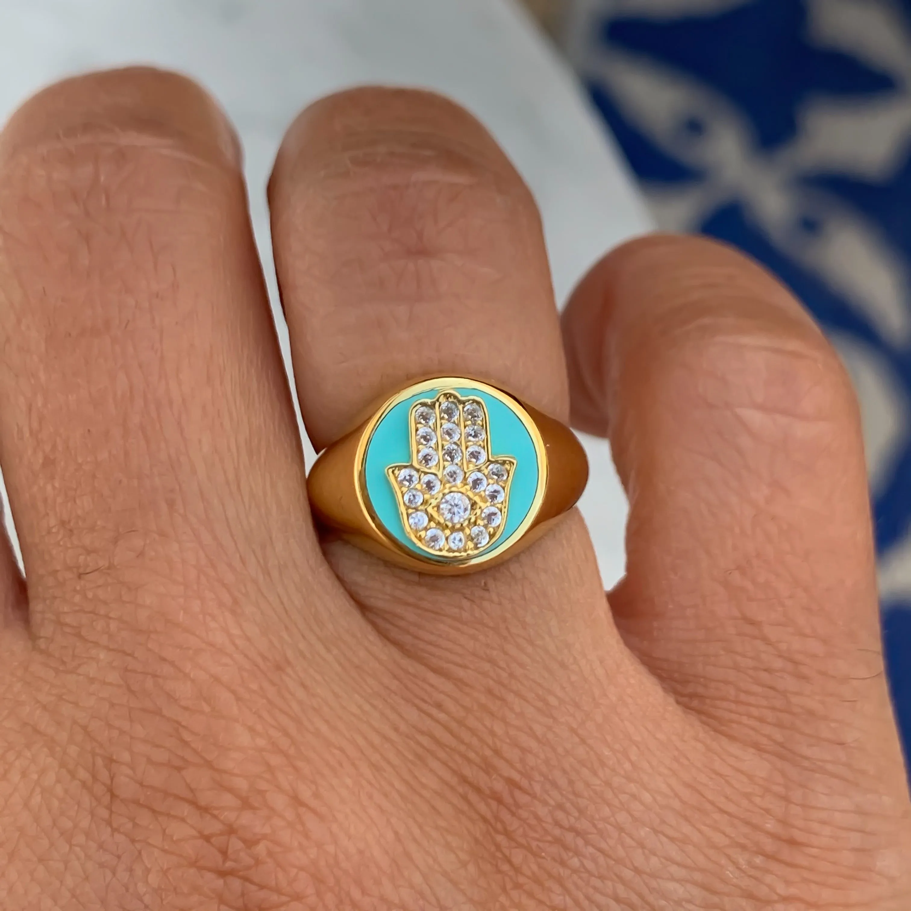 Silver 18k gold plated aqua enamel signet hamsa ring