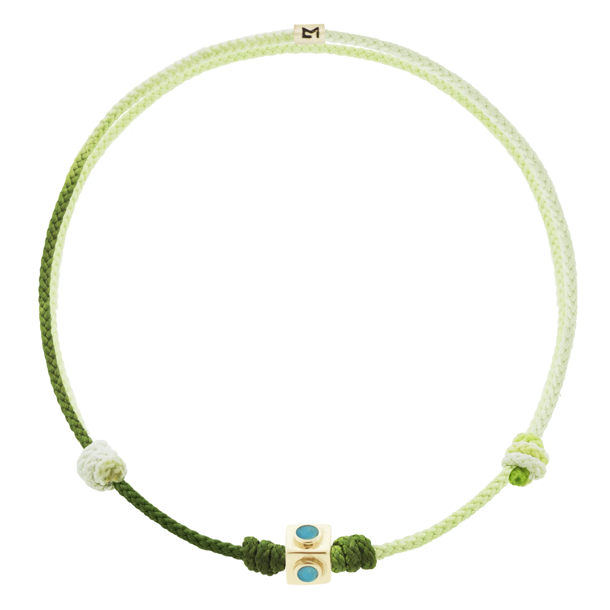 Small Gold Turquoise Lego Cube on Green Ombre Cord Bracelet