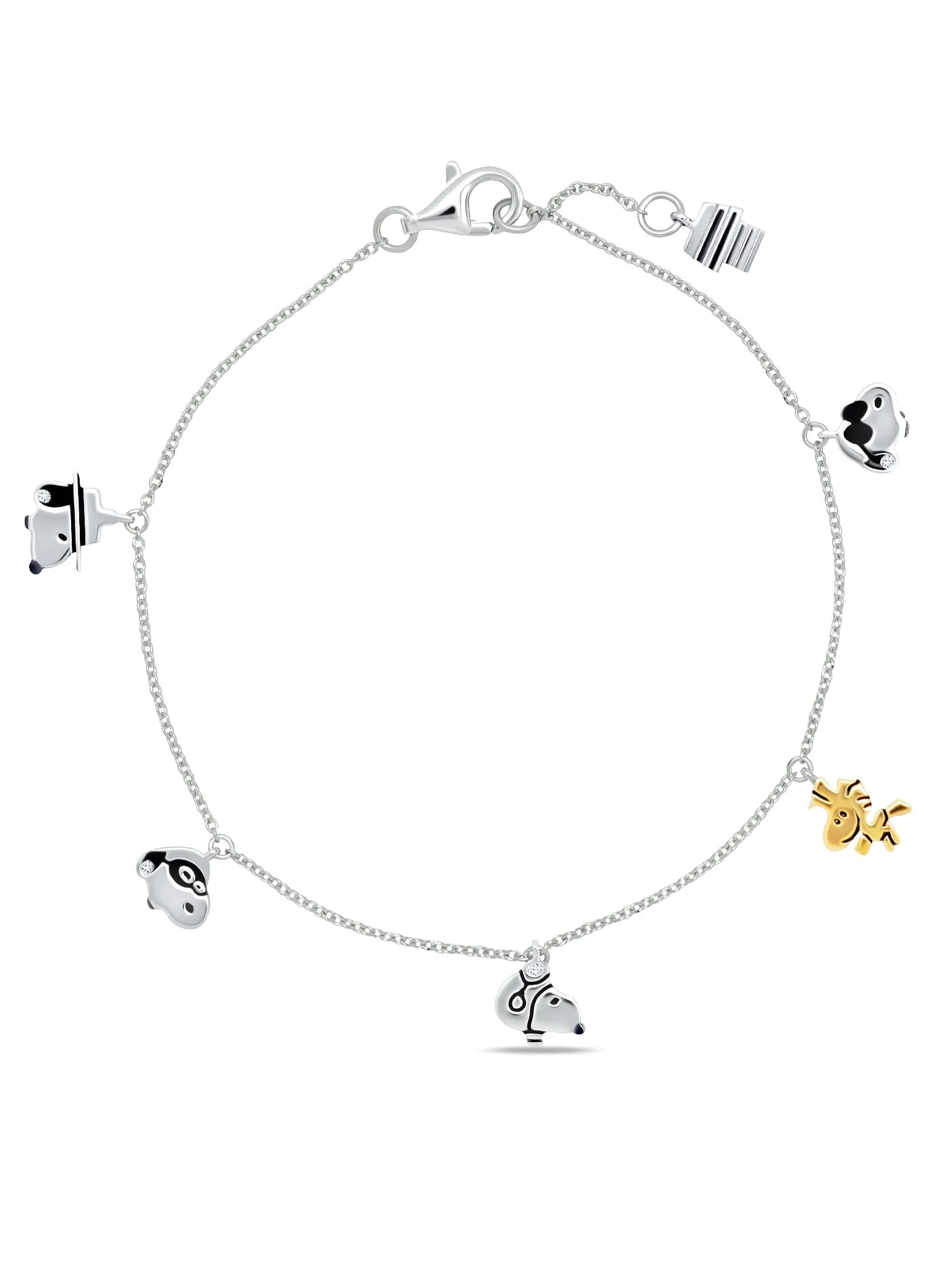 Snoopy & Woodstock .925 Sterling Silver Charm Bracelet Finished in pure platinum