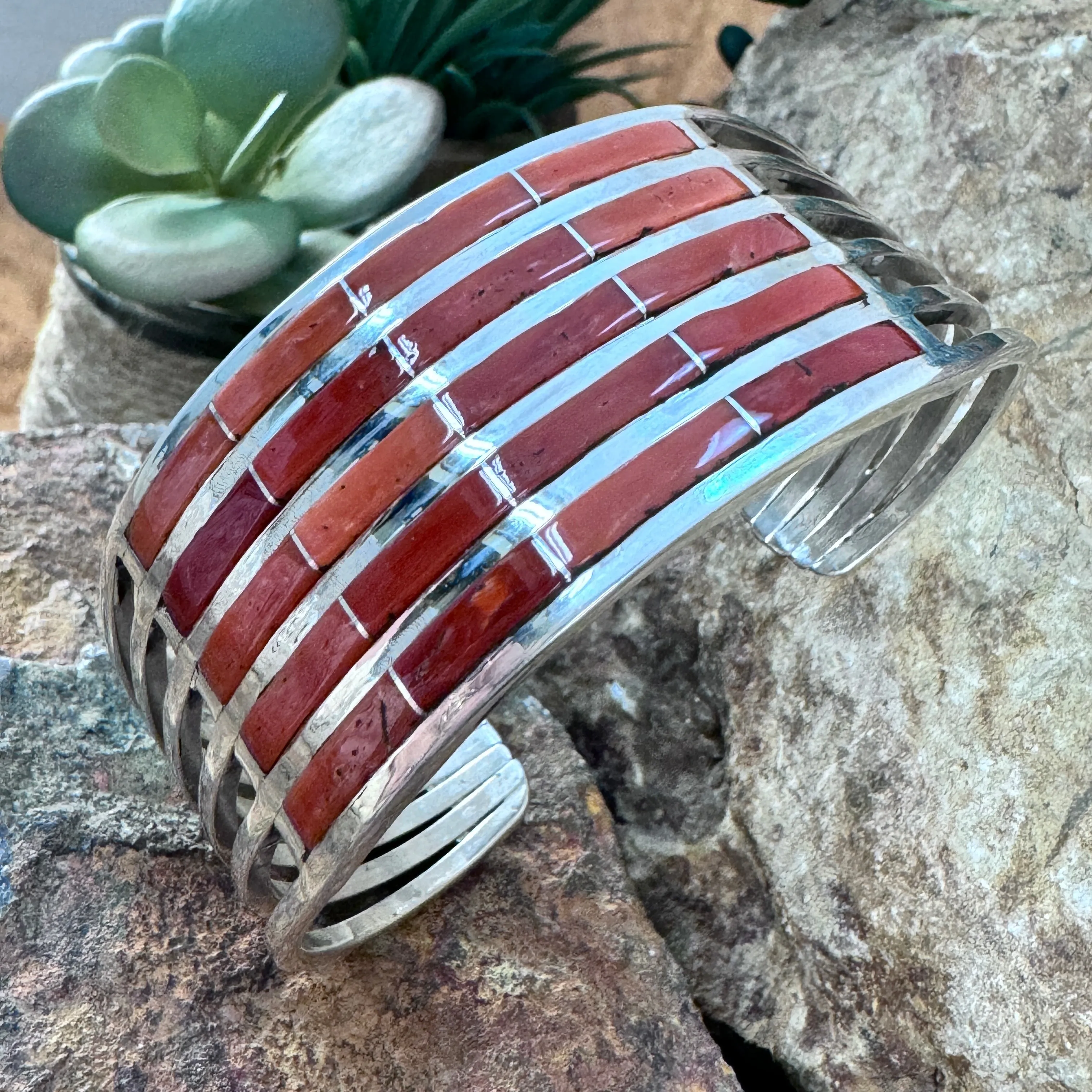 Spiny Oyster and Sterling Silver Multi-Bar Cuff Bracelet