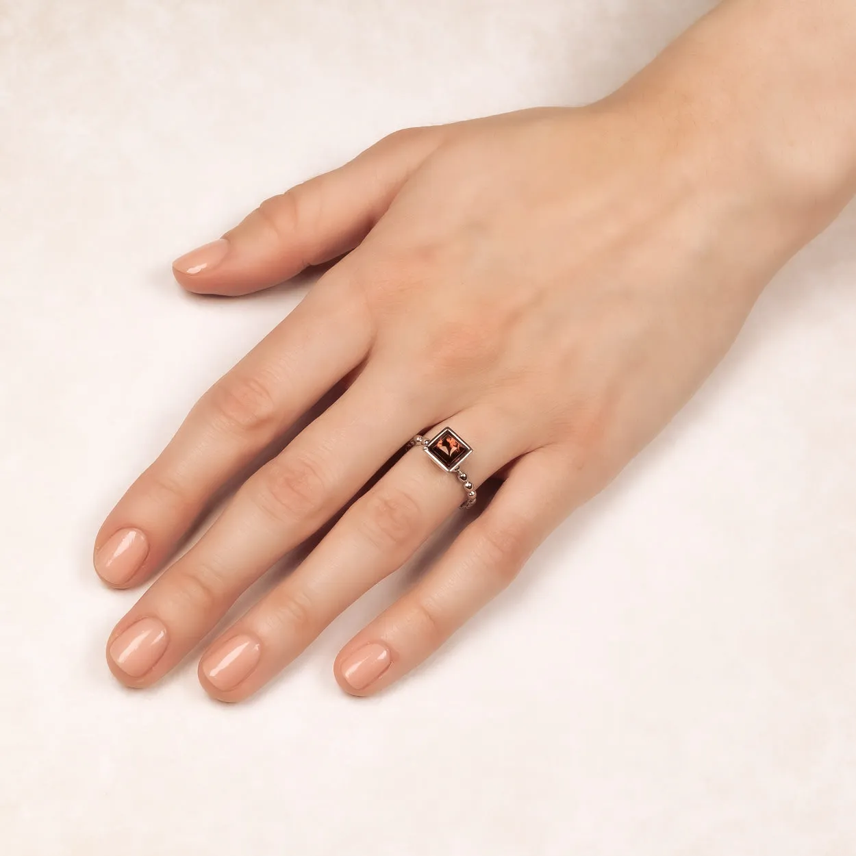 Square Amber & Silver Beaded Ring