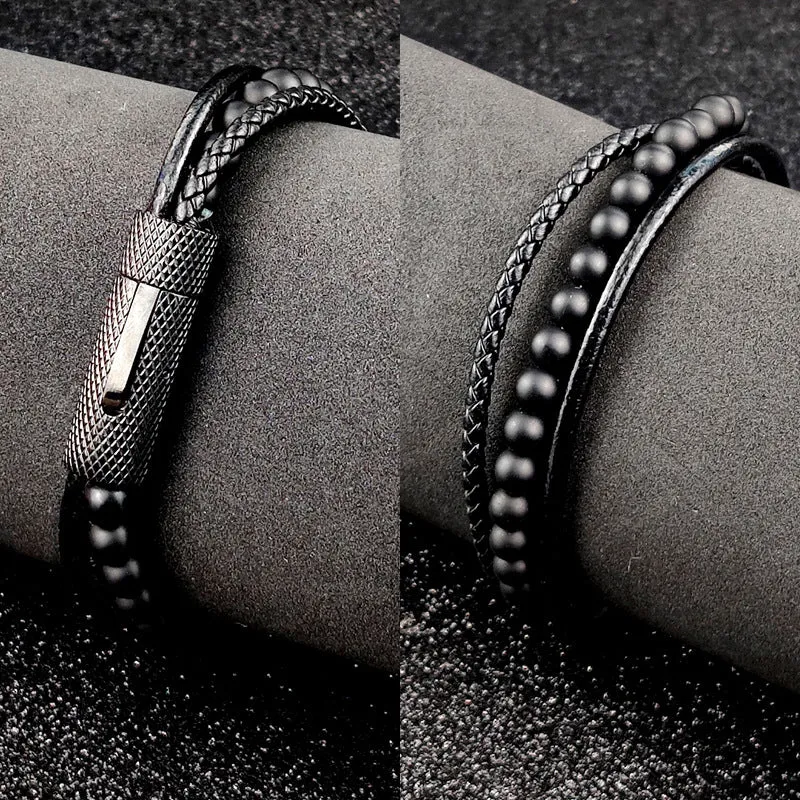 Stainless Steel Bracelet New Snap Beaded Black Leather Black Bracelet For Men