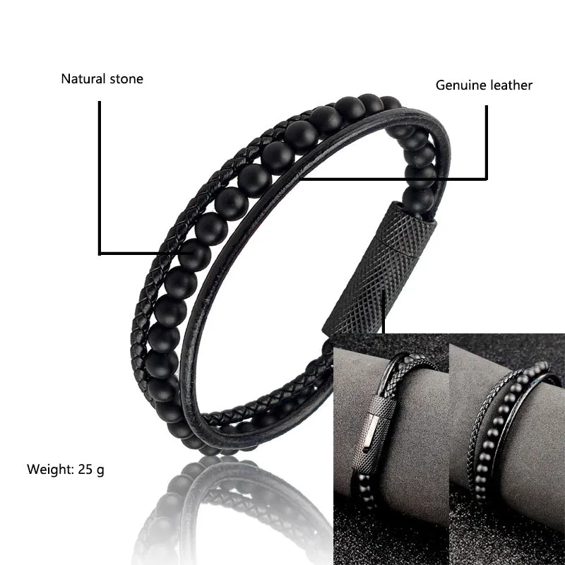 Stainless Steel Bracelet New Snap Beaded Black Leather Black Bracelet For Men