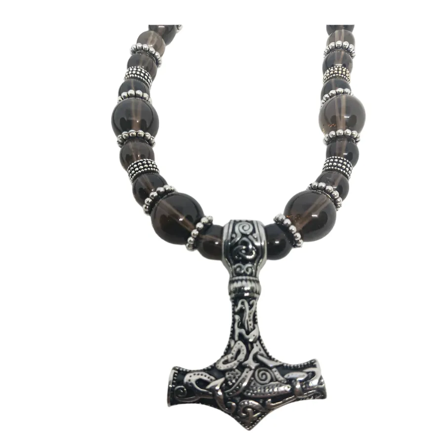 Stainless Steel Mjölnir Necklace with Smoky Quartz Crystal