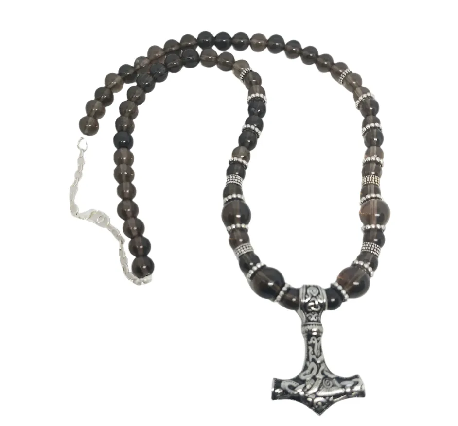 Stainless Steel Mjölnir Necklace with Smoky Quartz Crystal