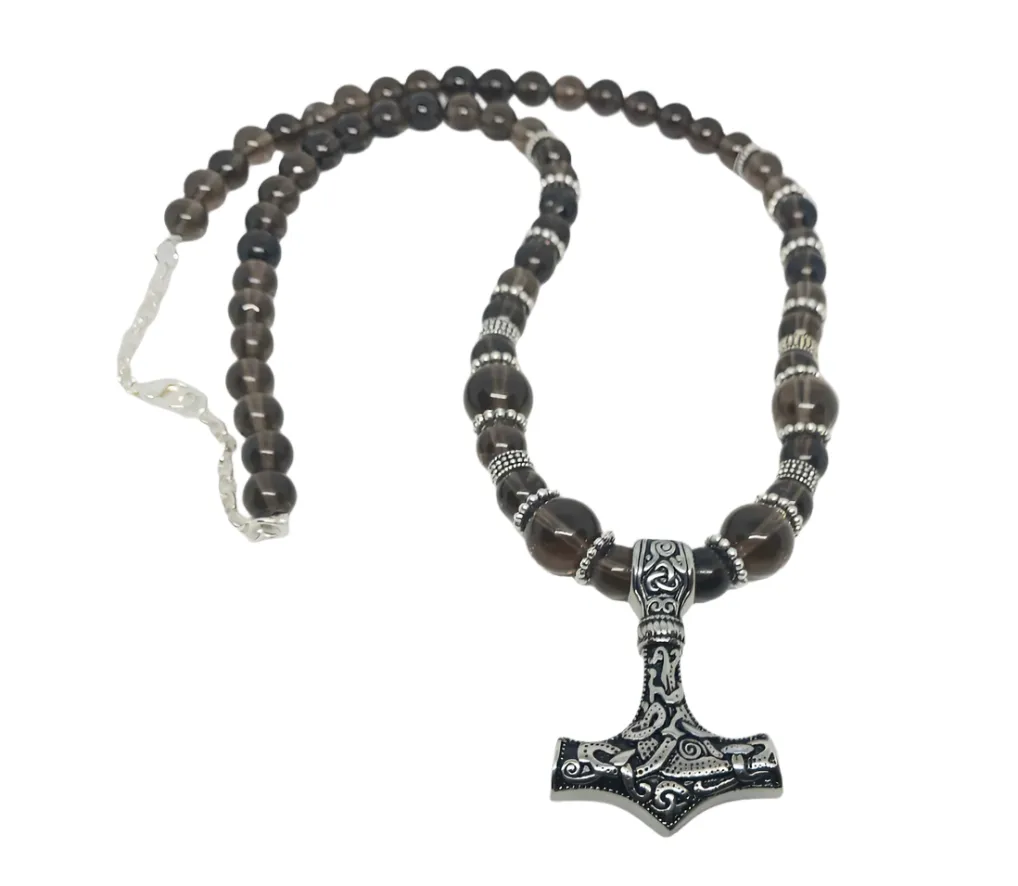 Stainless Steel Mjölnir Necklace with Smoky Quartz Crystal