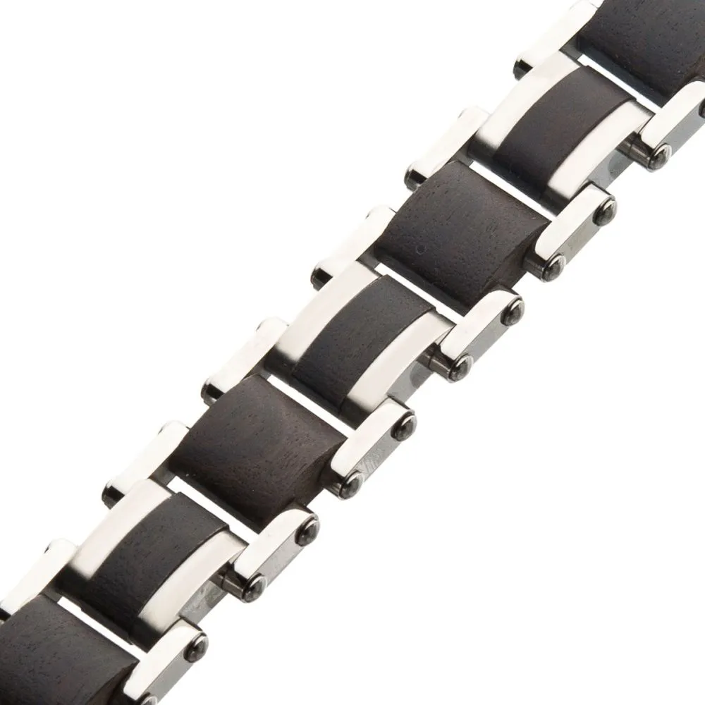 Stainless Steel with Ebony Wood Link Bracelet