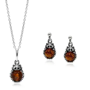 Sterling Silver Amber Hedgehog Two Piece Set