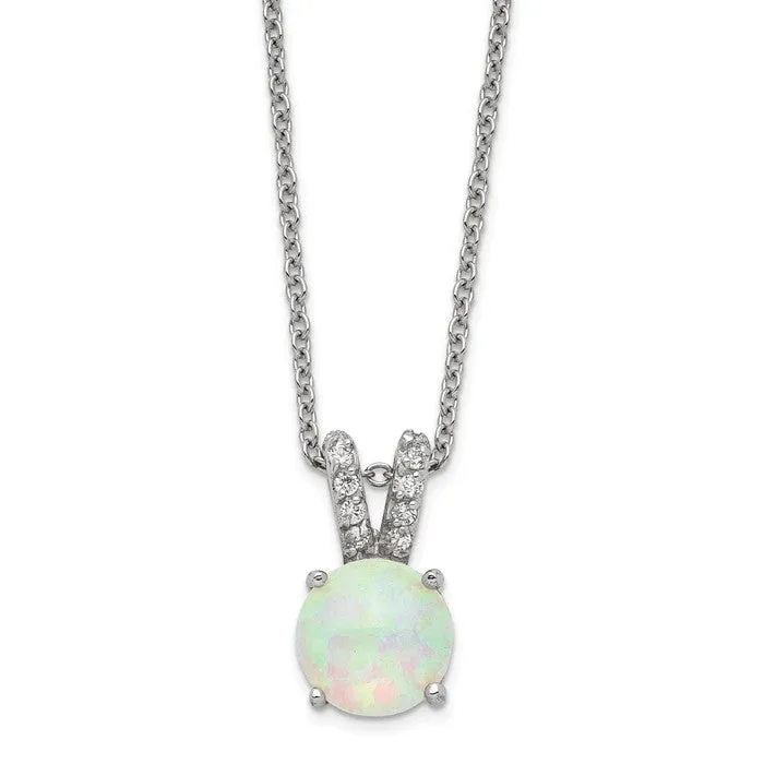 Sterling Silver Created Opal Cabochon & CZ 18" Necklace