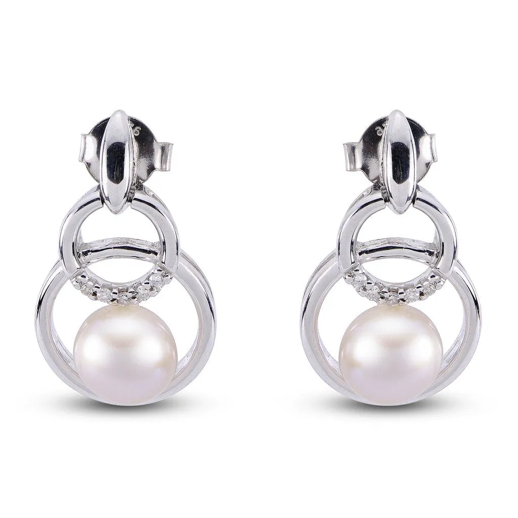 Sterling Silver Fresh Water Pearl & Diamond Earrings w/ 0.05 ctw Dia., 7 -- 7.5 mm Pearls