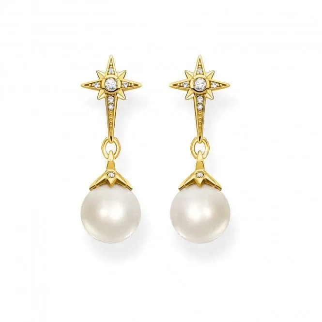 Sterling Silver Gold Plated Freshwater Pearl Zirconia Star Earrings H2118-445-14