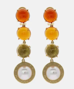 Sterling Silver Gold Plated Omega Earrings for Women with Organic Pearl, 12mm Round White Pearl and Amber Murano Crystal, 2.3" Length, Algaida Collection