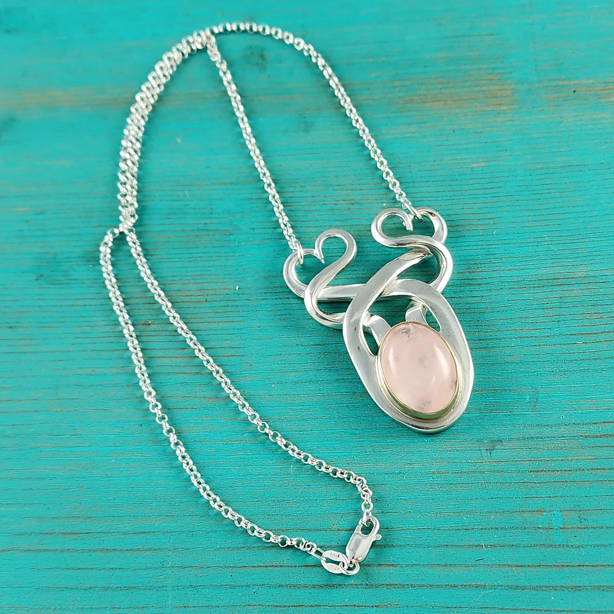 Sterling Silver Rose Quartz Twisted Fork Pendant with 18" Chain