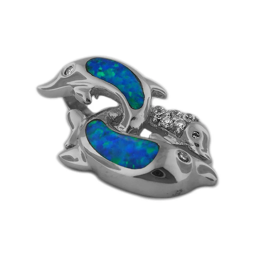 Sterling Silver Synthetic Blue Opal Dolphin Pendant Necklace, 16 2" Extender