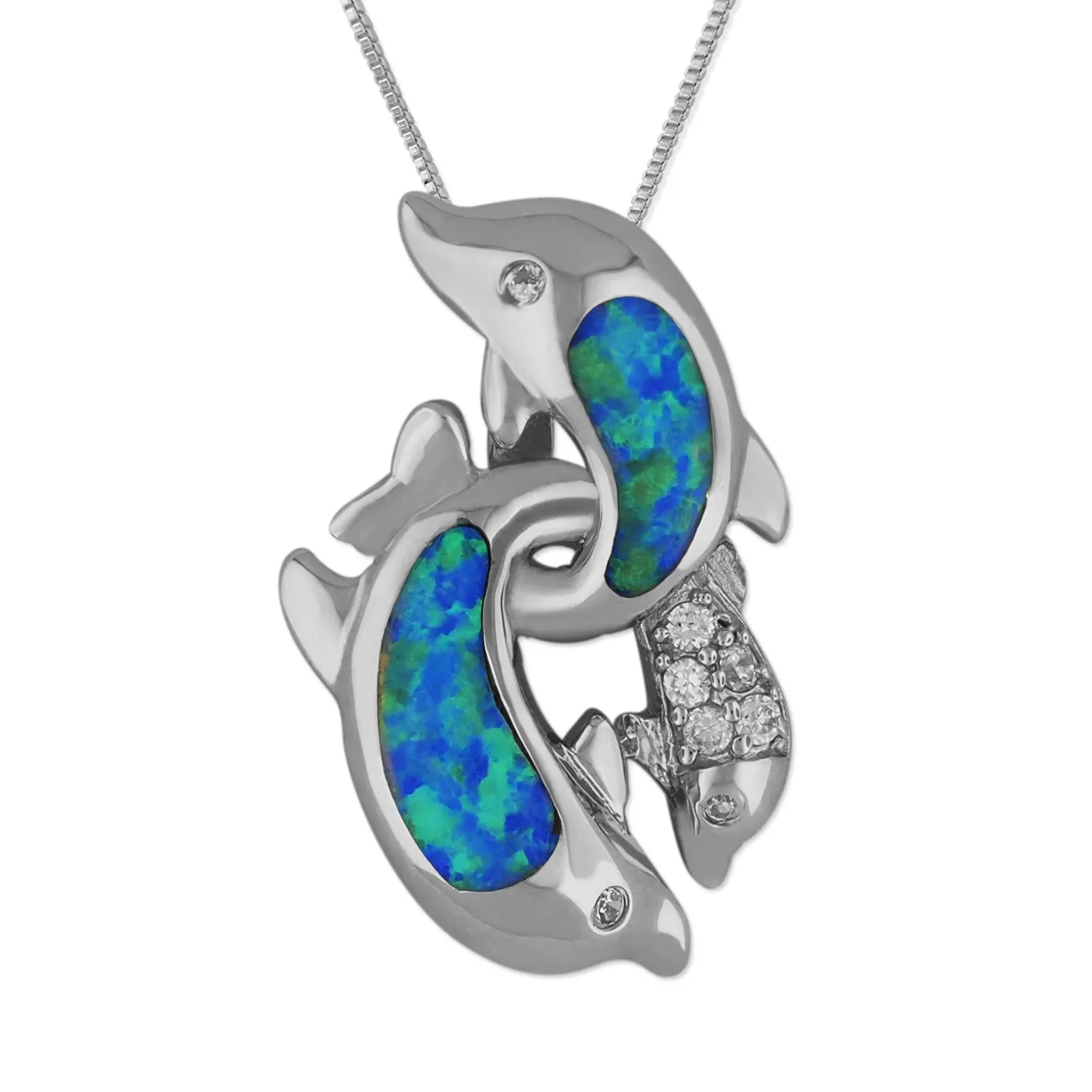 Sterling Silver Synthetic Blue Opal Dolphin Pendant Necklace, 16 2" Extender