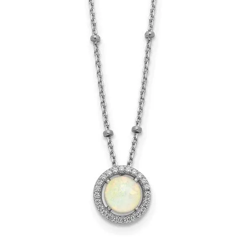 Sterling Silver White Created Opal & CZ Halo Beaded Necklace