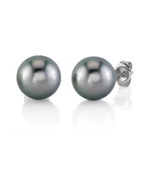 Tahitian Pearl Stud Earrings, AAA/Gem Quality - Silver Overtone