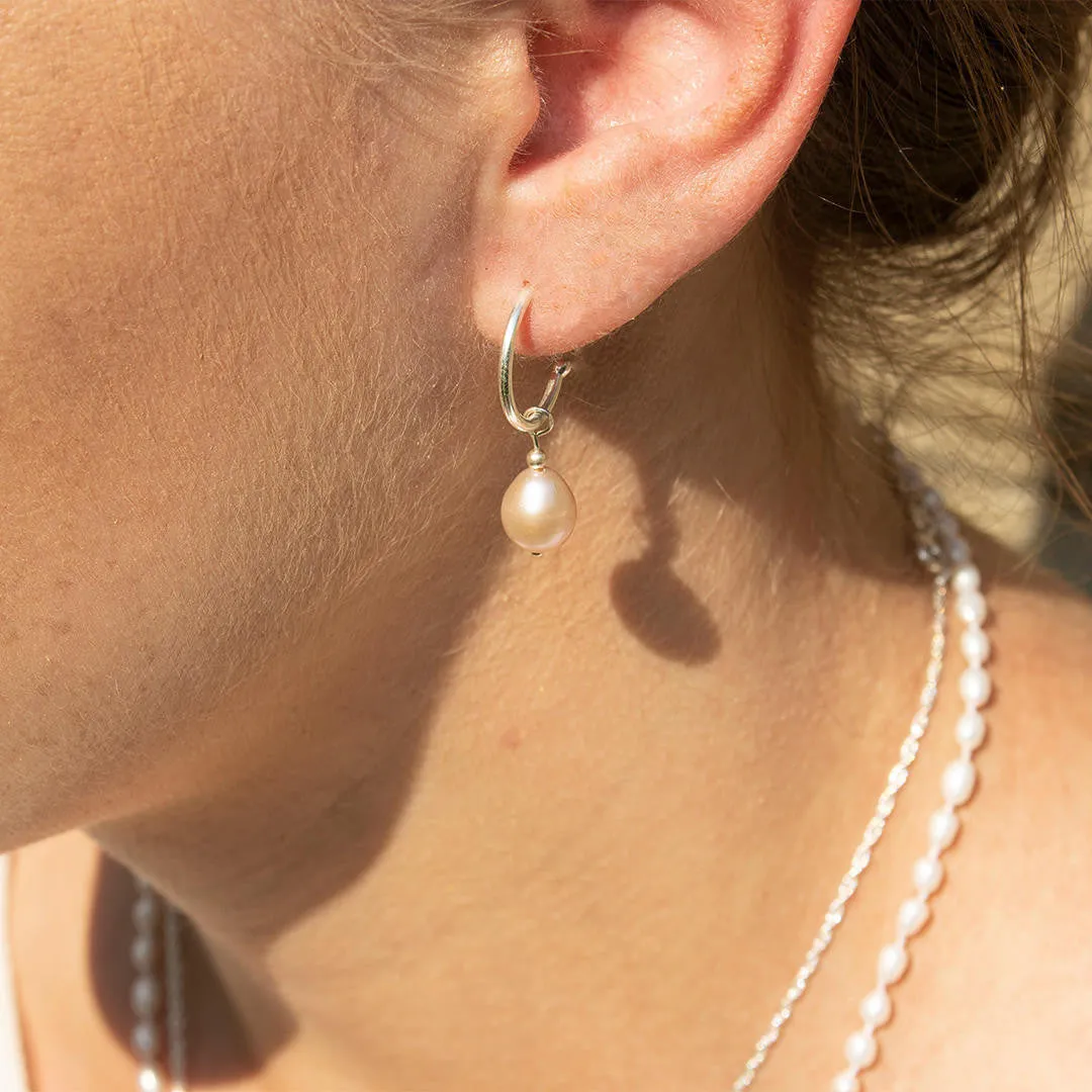 Teardrop Pearl Hoop Earrings | Pink - Silver