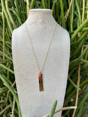 “The Golden Collection” YEEHAW Handmade Hot Pink Fire Opal 14k Gold Plated Bar Charm Necklace