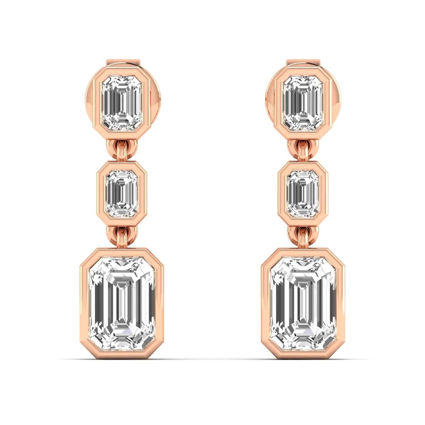 Trio Emerald Cut Diamond Bezel Set Drop Earrings, Lab Grown