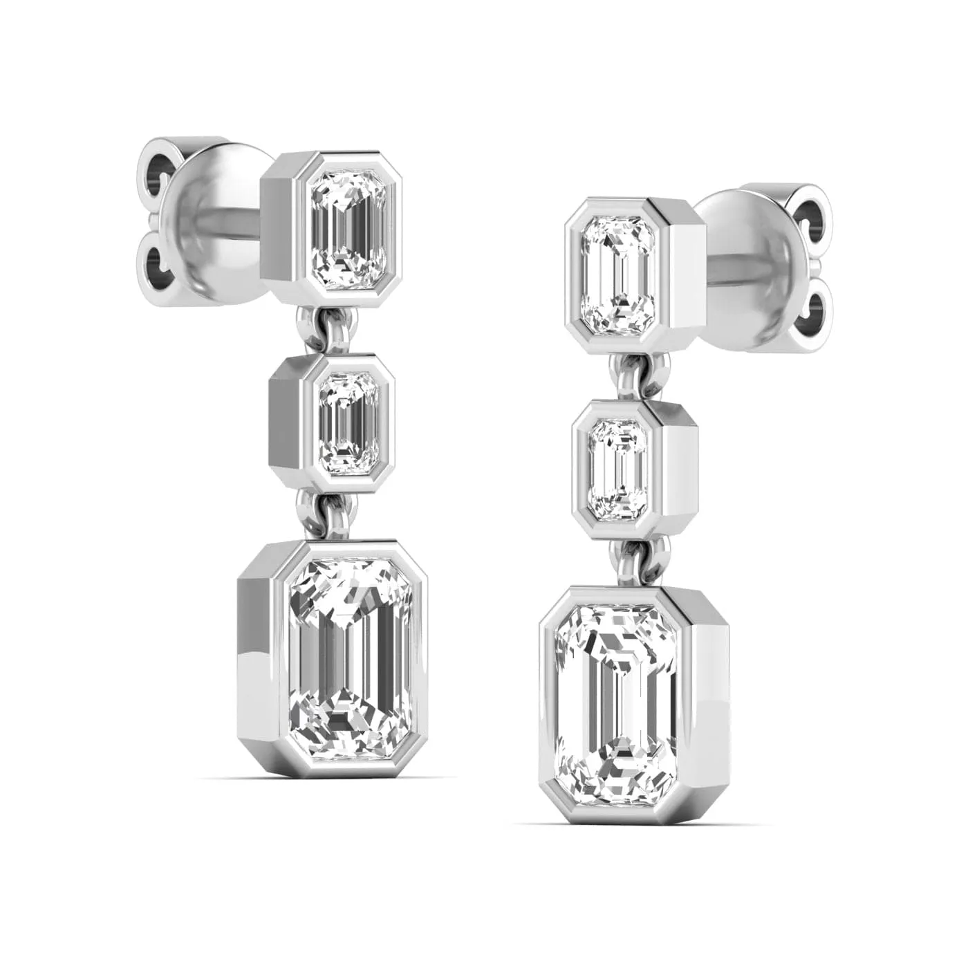 Trio Emerald Cut Diamond Bezel Set Drop Earrings, Lab Grown