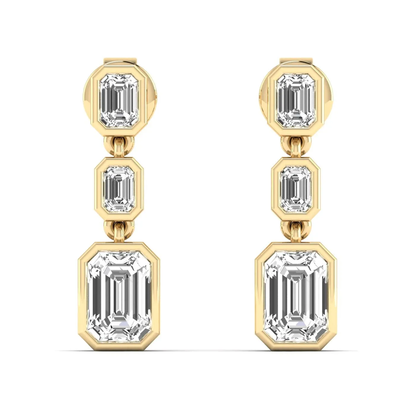 Trio Emerald Cut Diamond Bezel Set Drop Earrings, Lab Grown