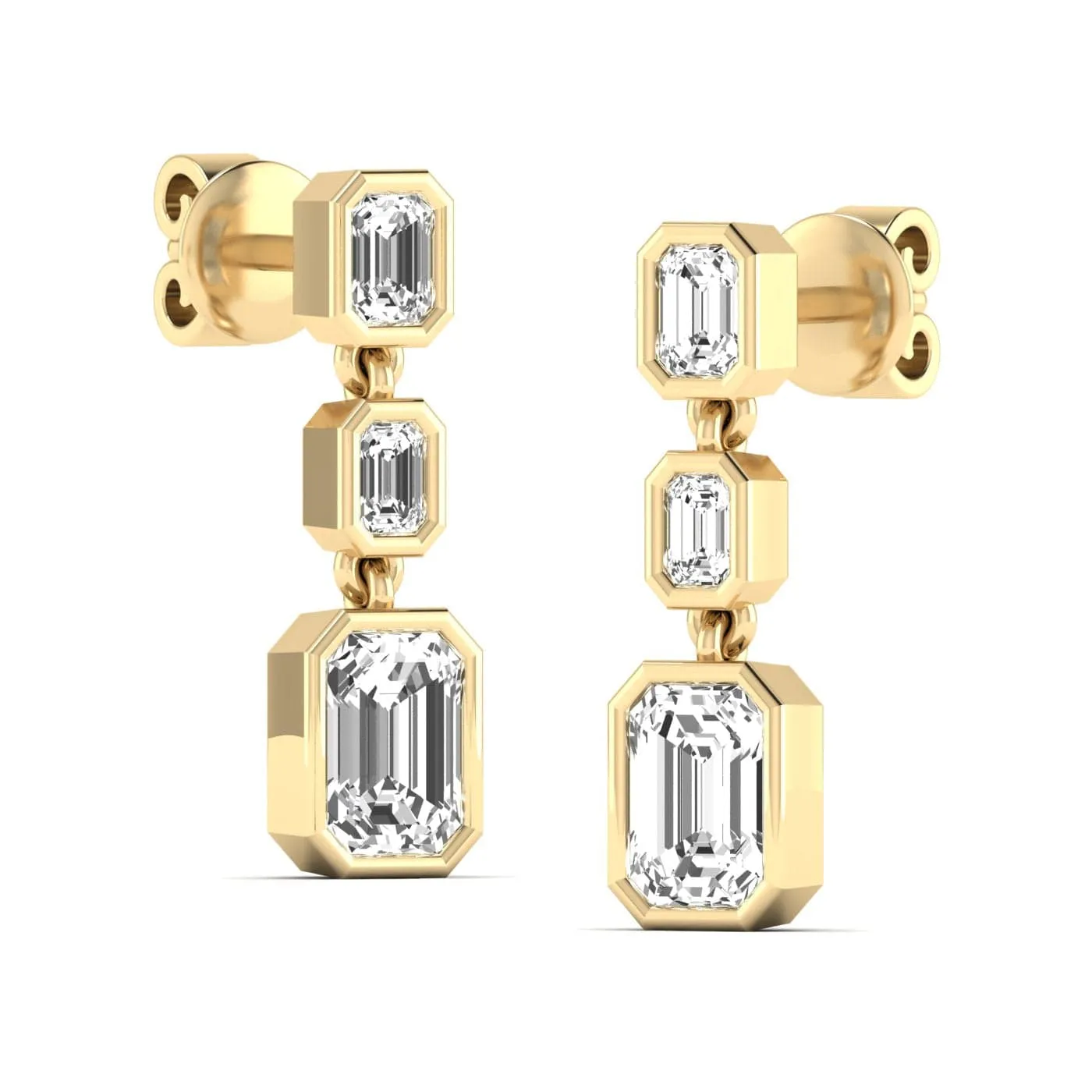 Trio Emerald Cut Diamond Bezel Set Drop Earrings, Lab Grown