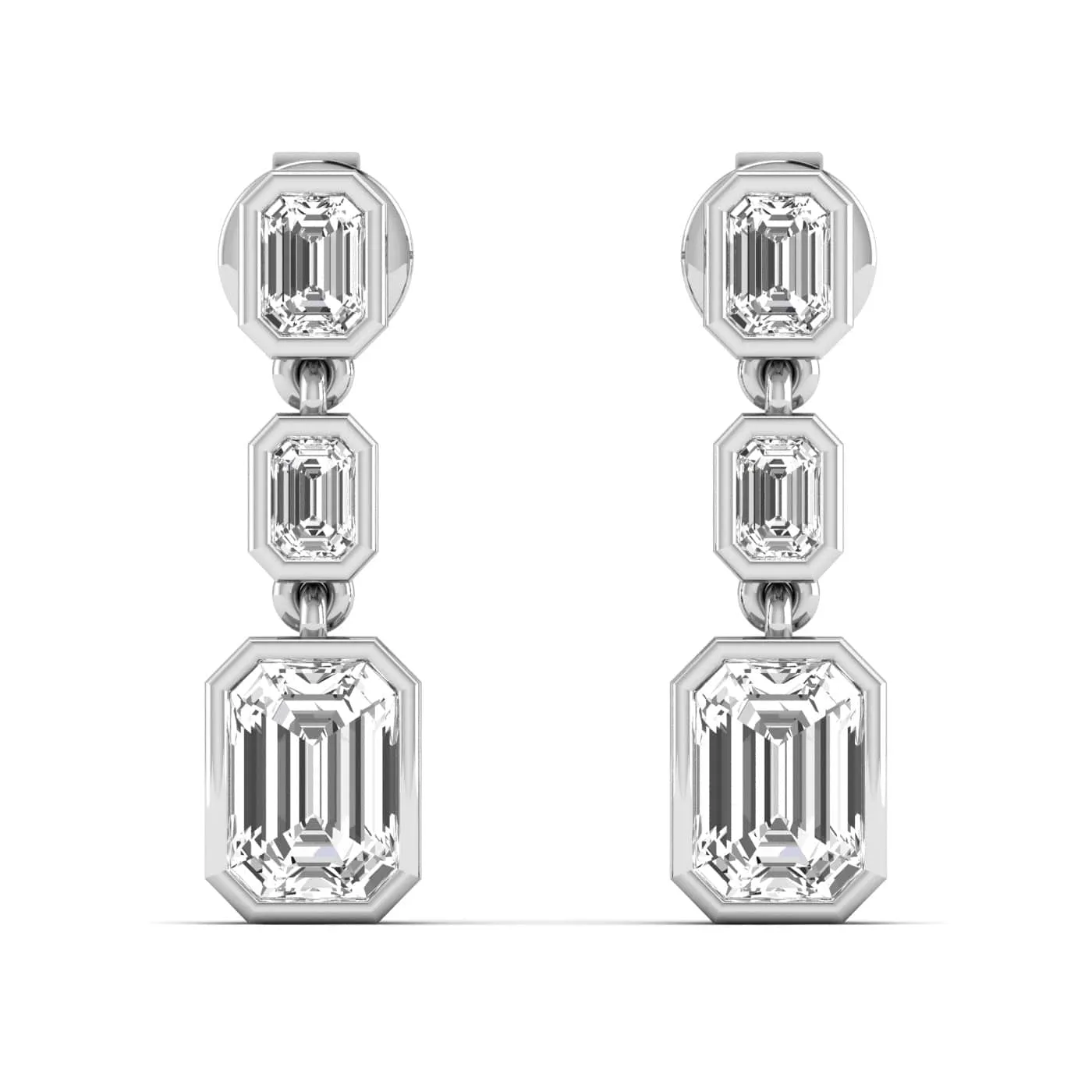 Trio Emerald Cut Diamond Bezel Set Drop Earrings, Lab Grown