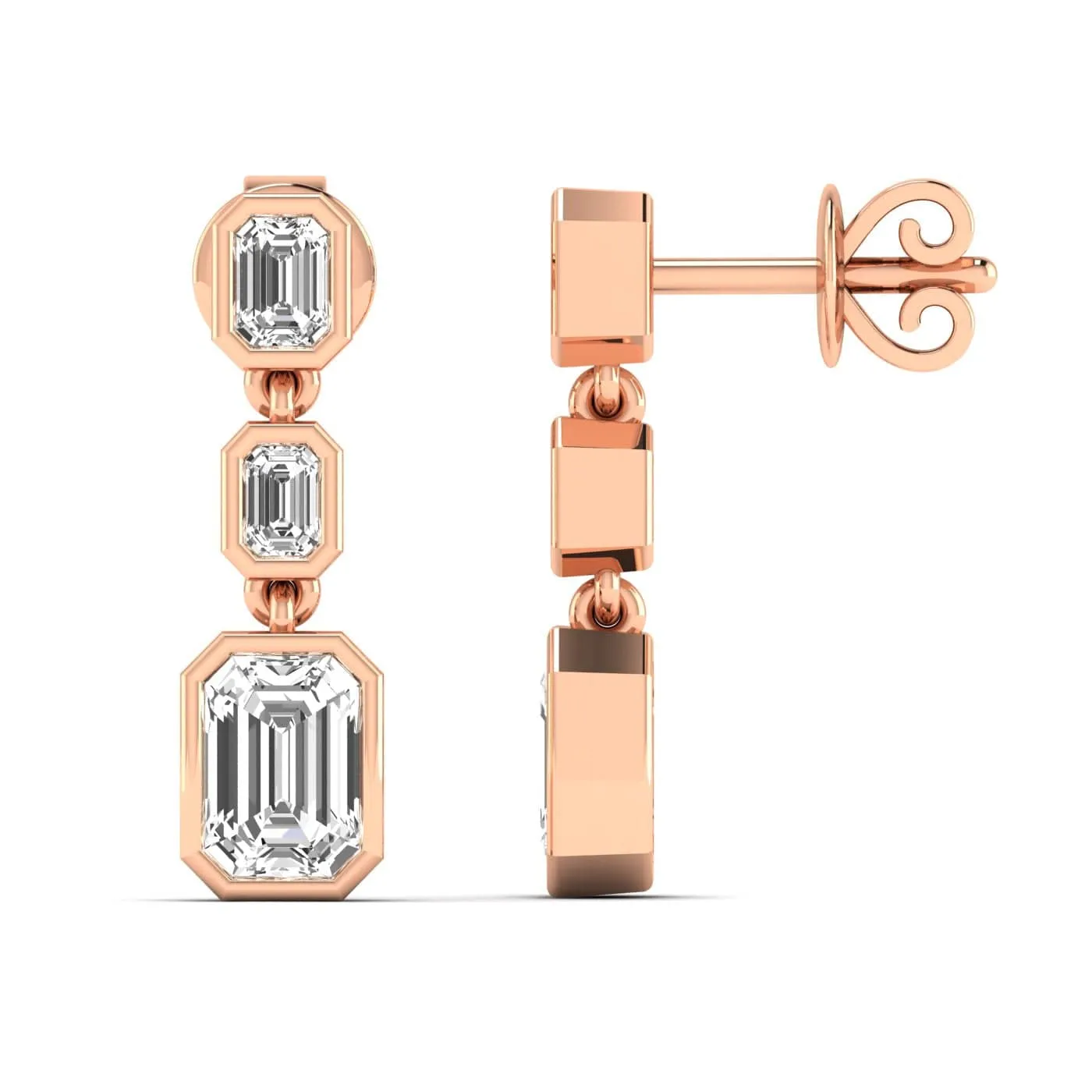 Trio Emerald Cut Diamond Bezel Set Drop Earrings, Lab Grown