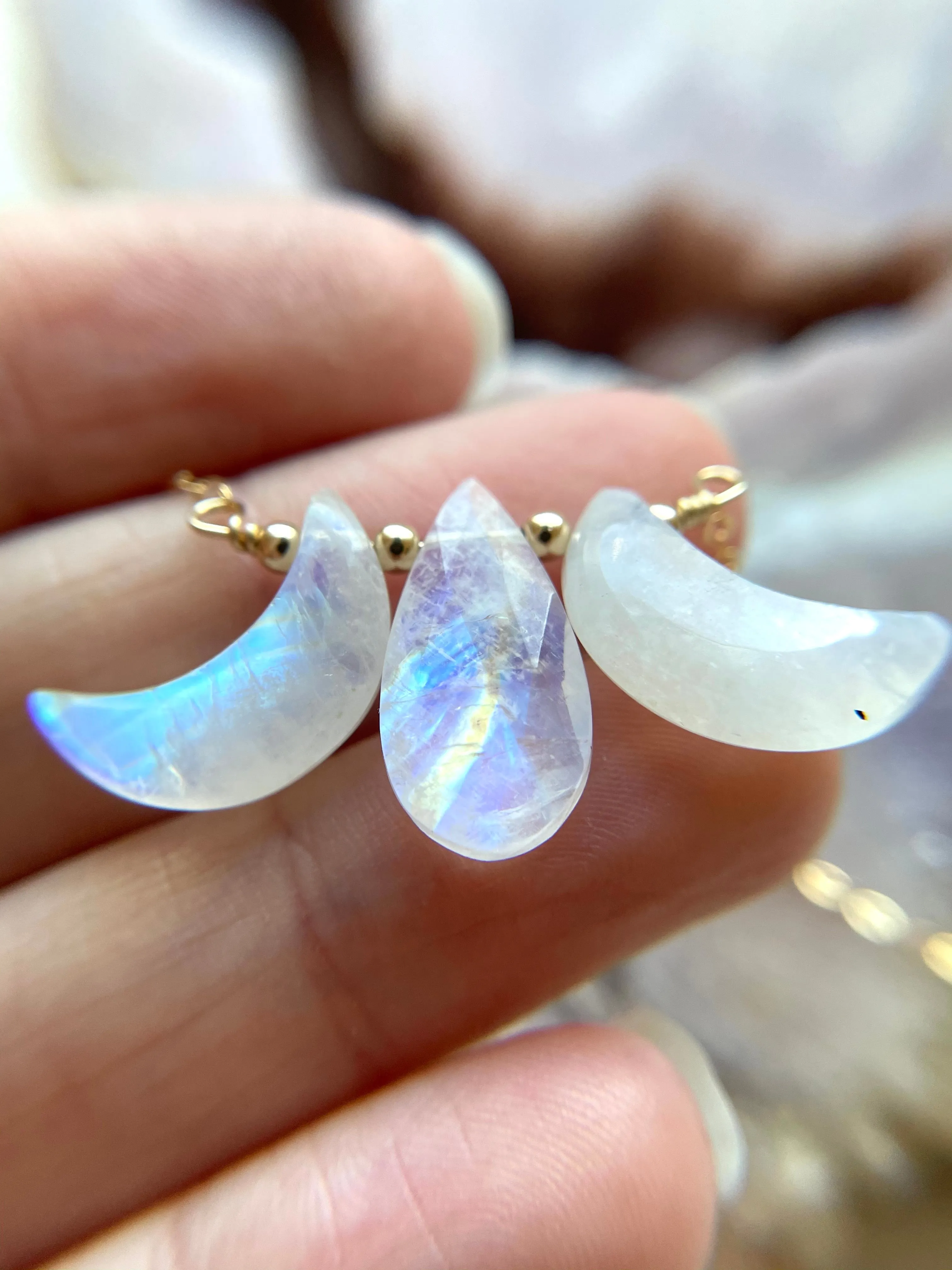 Triple Moon Goddess Necklace - Rainbow Moonstone - Orginal Design Crystal Jewelry - Moon Jewelry