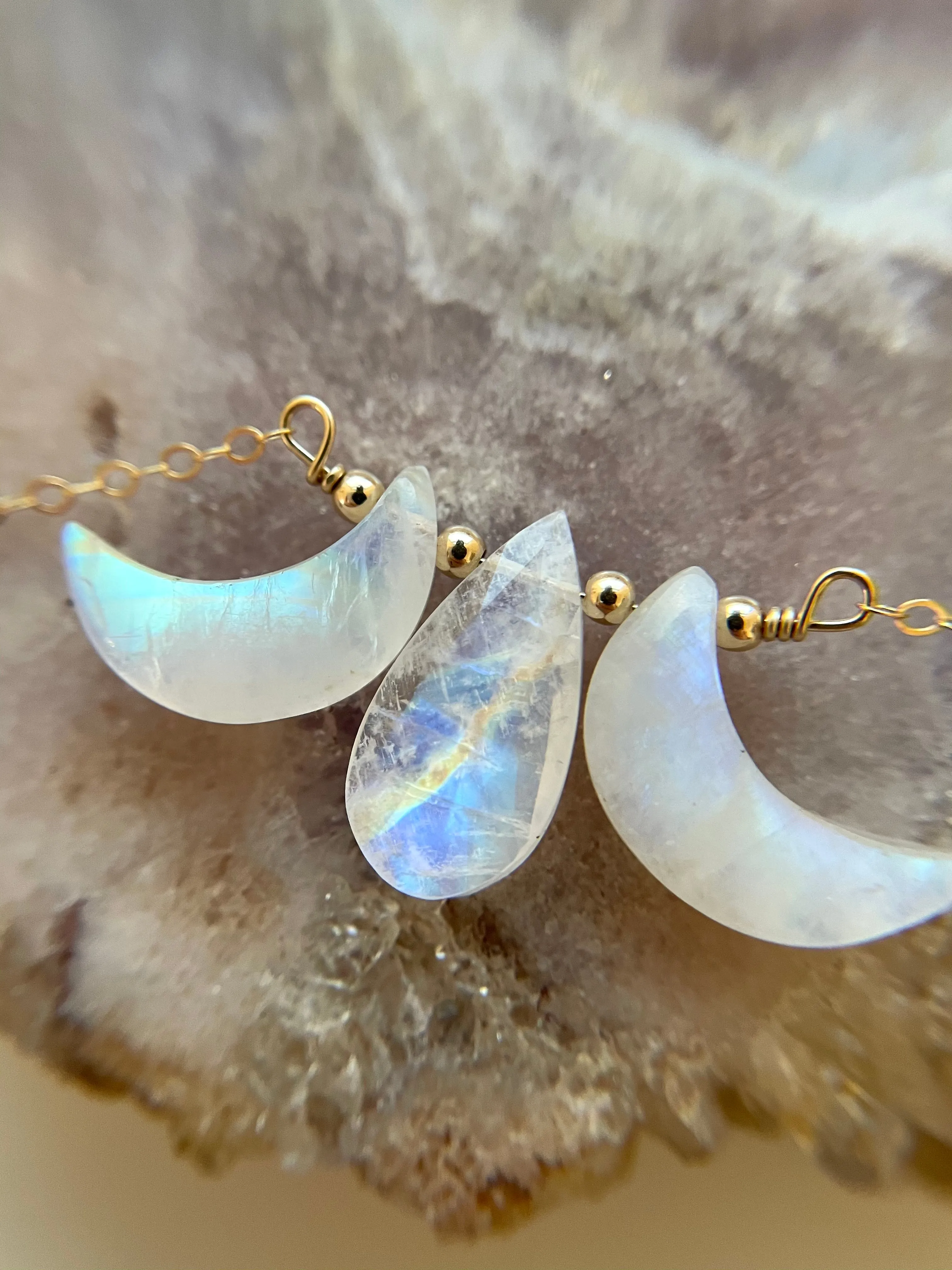 Triple Moon Goddess Necklace - Rainbow Moonstone - Orginal Design Crystal Jewelry - Moon Jewelry