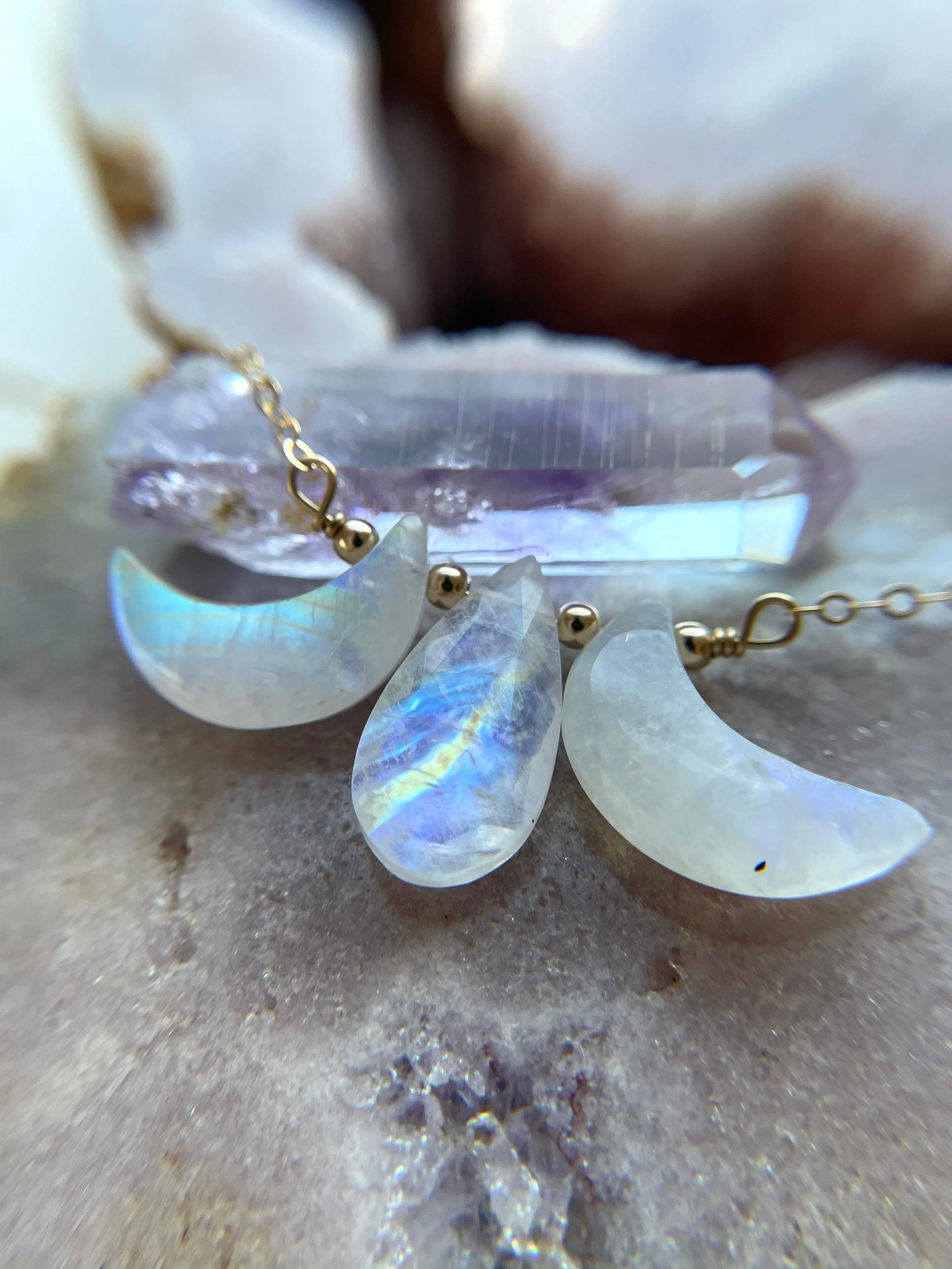 Triple Moon Goddess Necklace - Rainbow Moonstone - Orginal Design Crystal Jewelry - Moon Jewelry