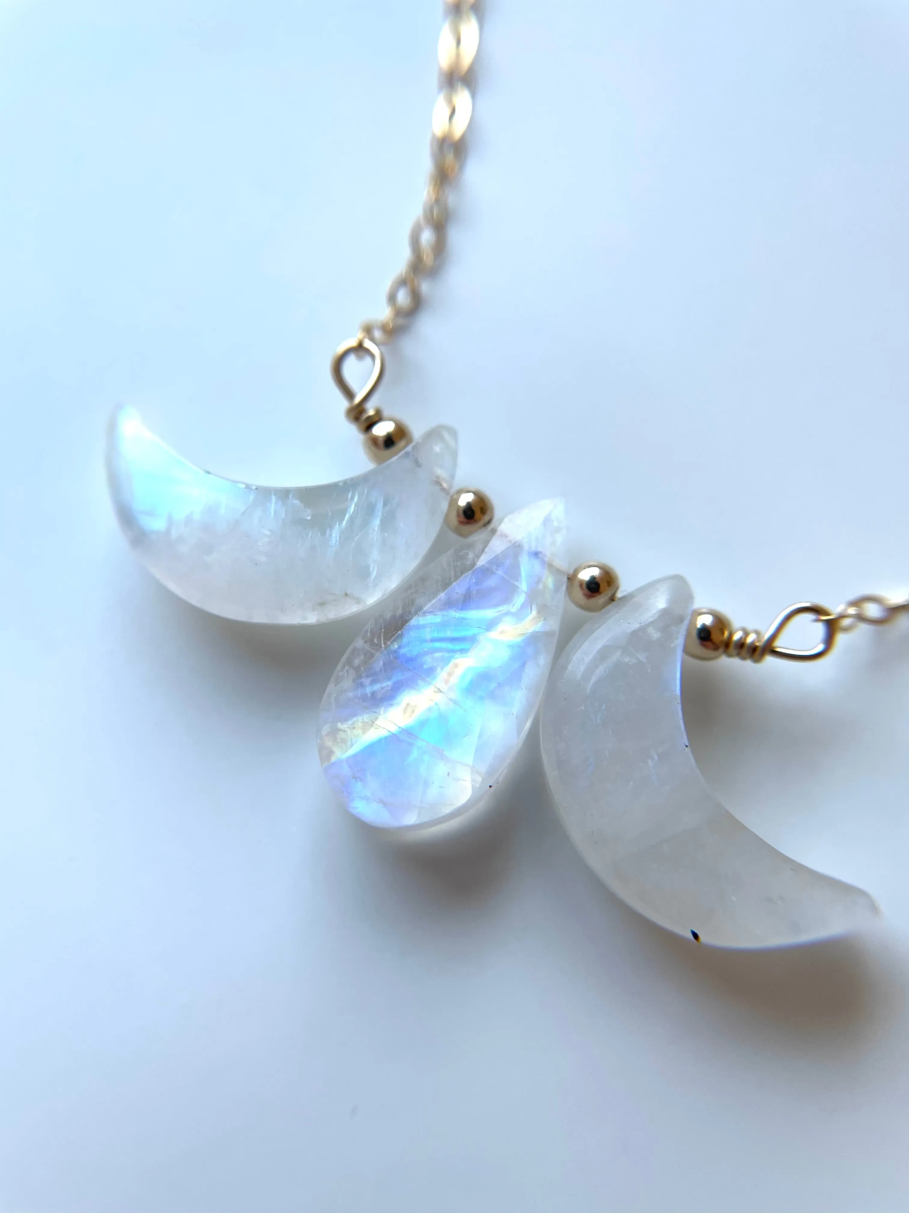 Triple Moon Goddess Necklace - Rainbow Moonstone - Orginal Design Crystal Jewelry - Moon Jewelry