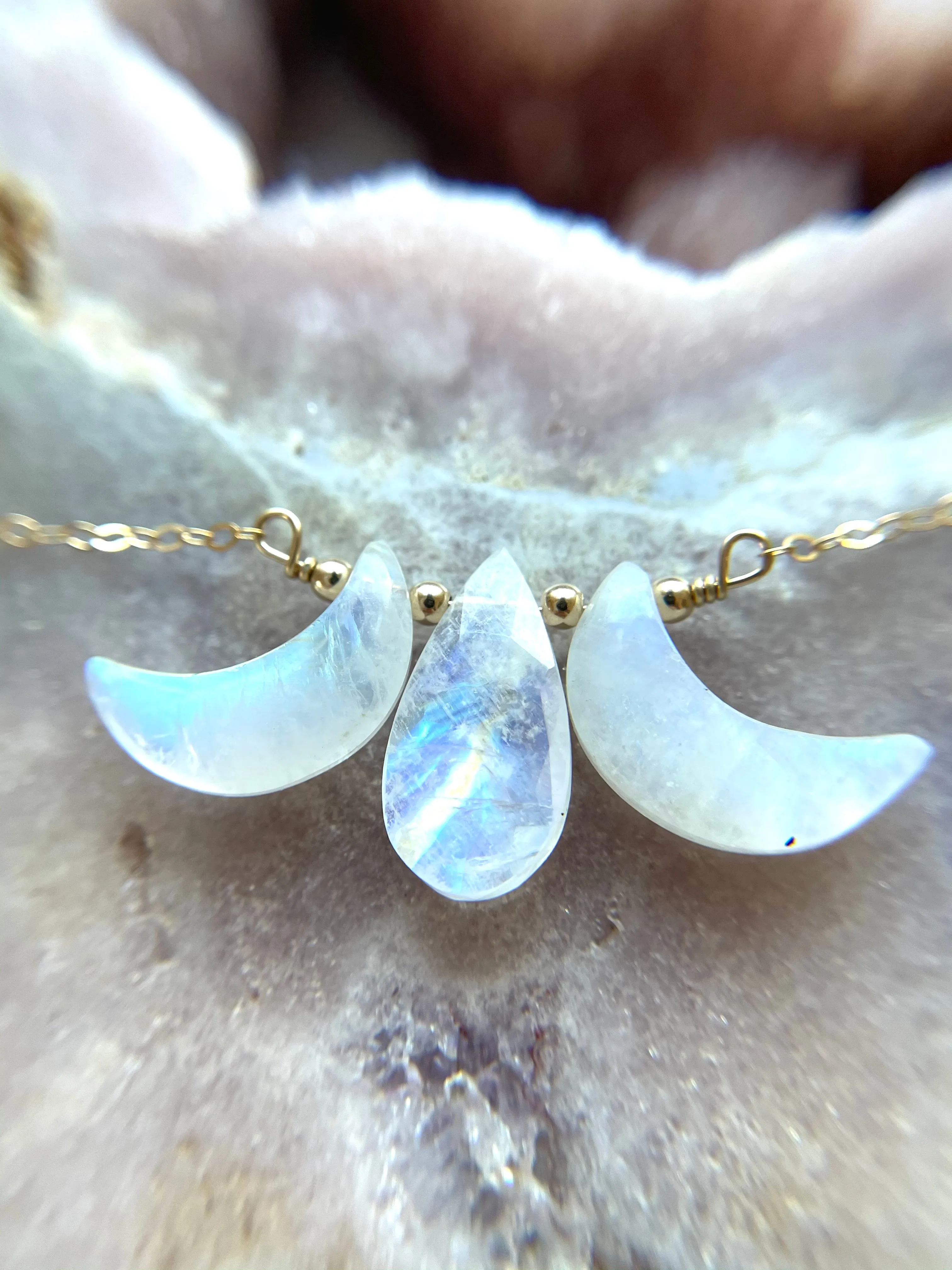 Triple Moon Goddess Necklace - Rainbow Moonstone - Orginal Design Crystal Jewelry - Moon Jewelry