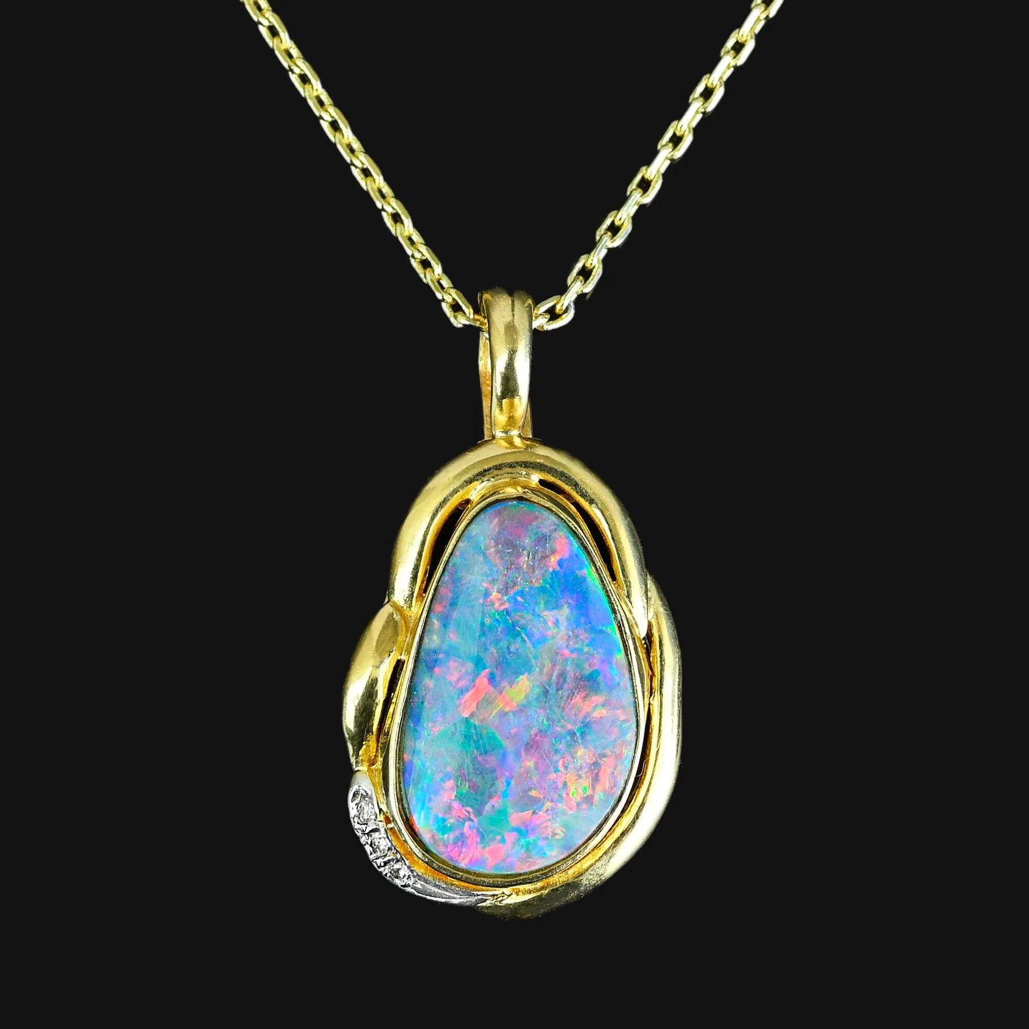 Vintage 14K Gold Diamond Boulder Opal Pendant Necklace