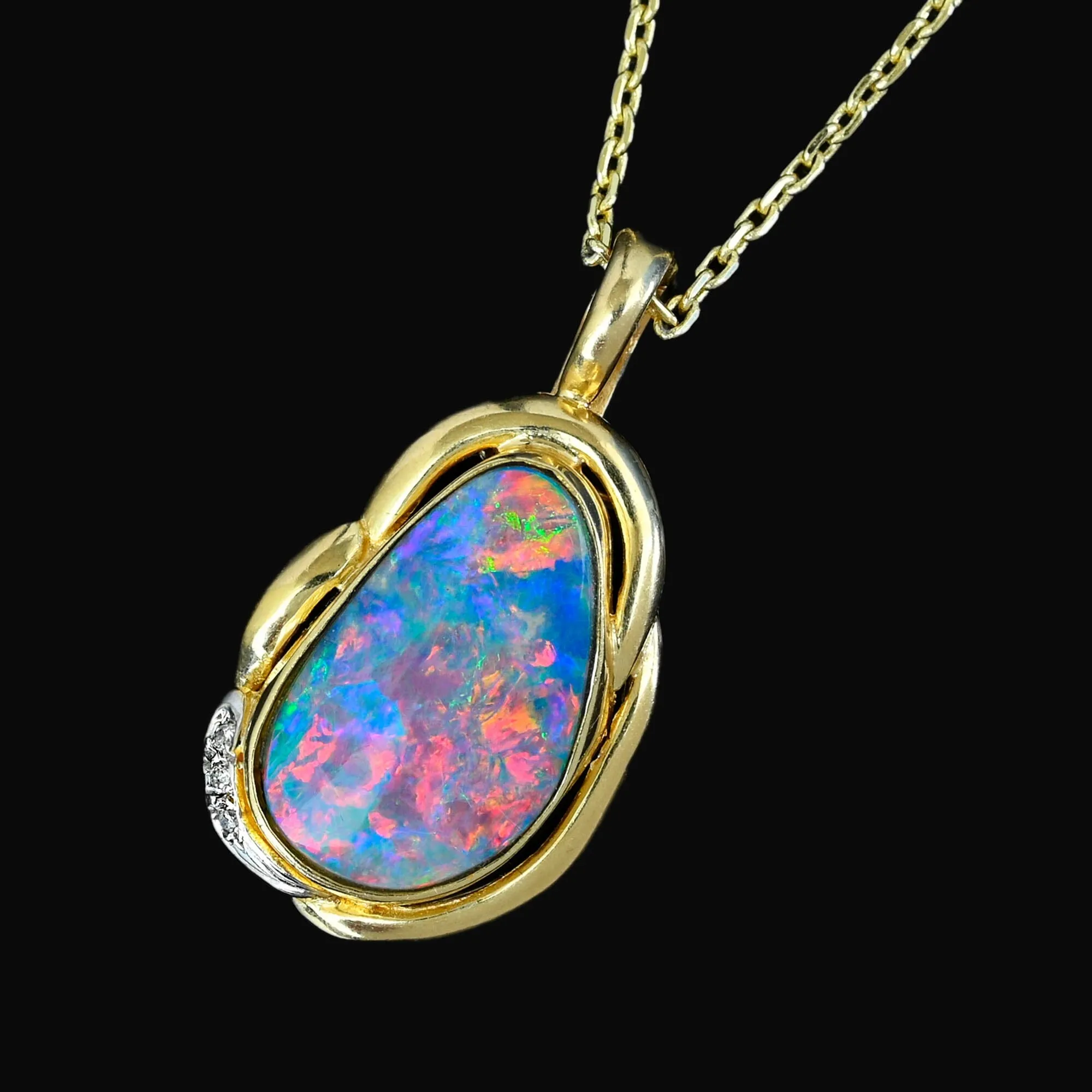 Vintage 14K Gold Diamond Boulder Opal Pendant Necklace