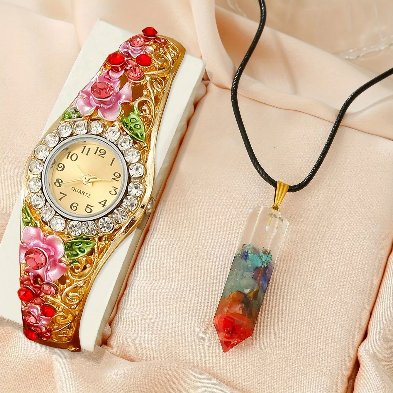 Vintage Flower Child Bangle Quartz Watch & Necklace Set