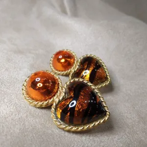 Vintage Heart Earrings by Rima Ariss Clip On Orange/Amber Leopard