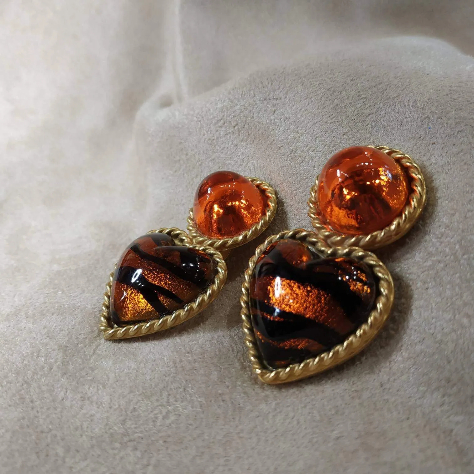 Vintage Heart Earrings by Rima Ariss Clip On Orange/Amber Leopard