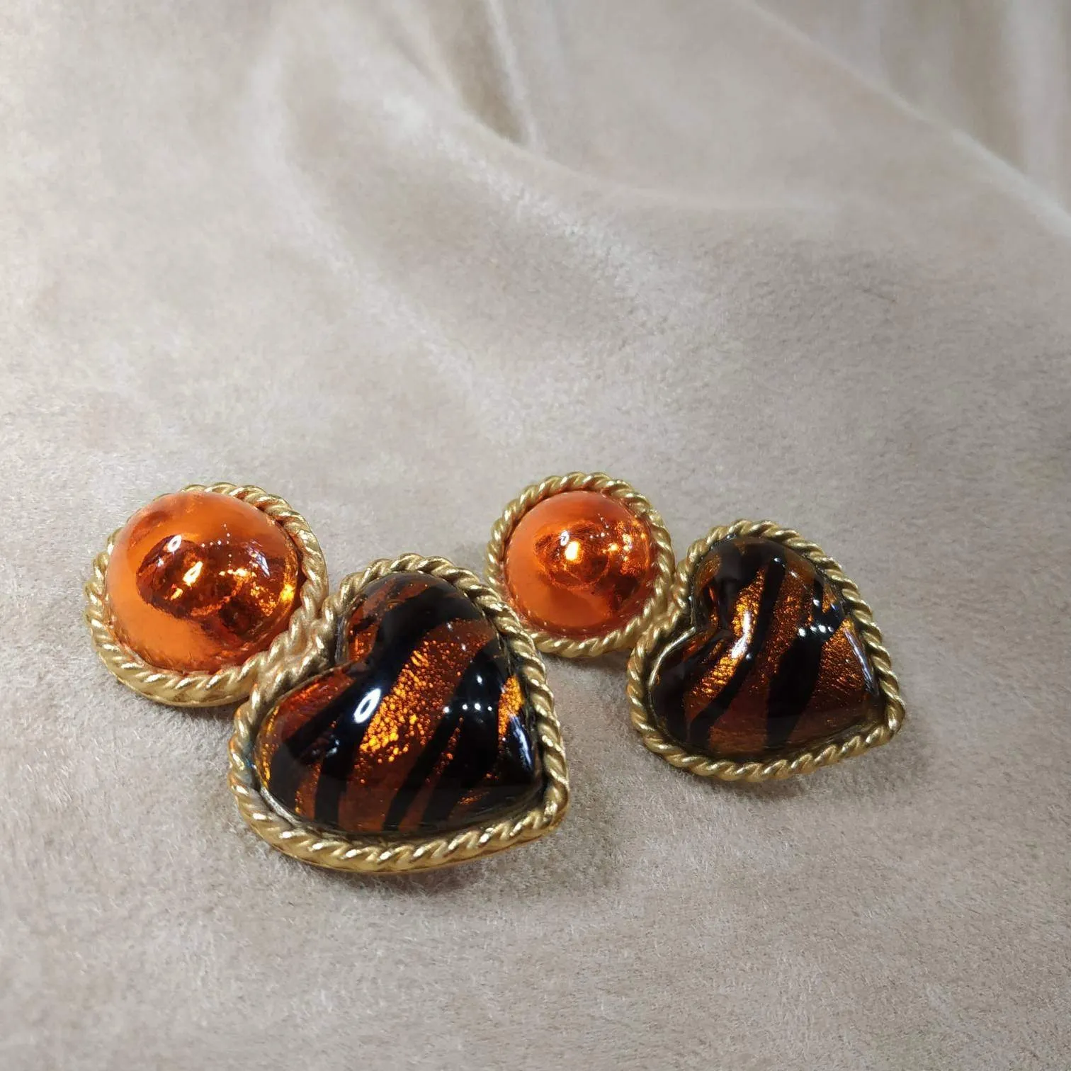 Vintage Heart Earrings by Rima Ariss Clip On Orange/Amber Leopard