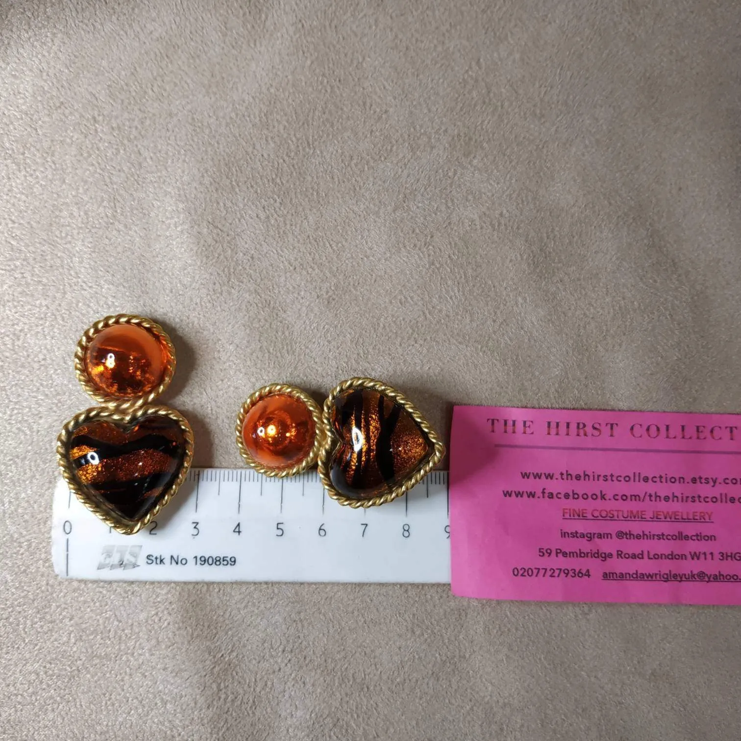 Vintage Heart Earrings by Rima Ariss Clip On Orange/Amber Leopard