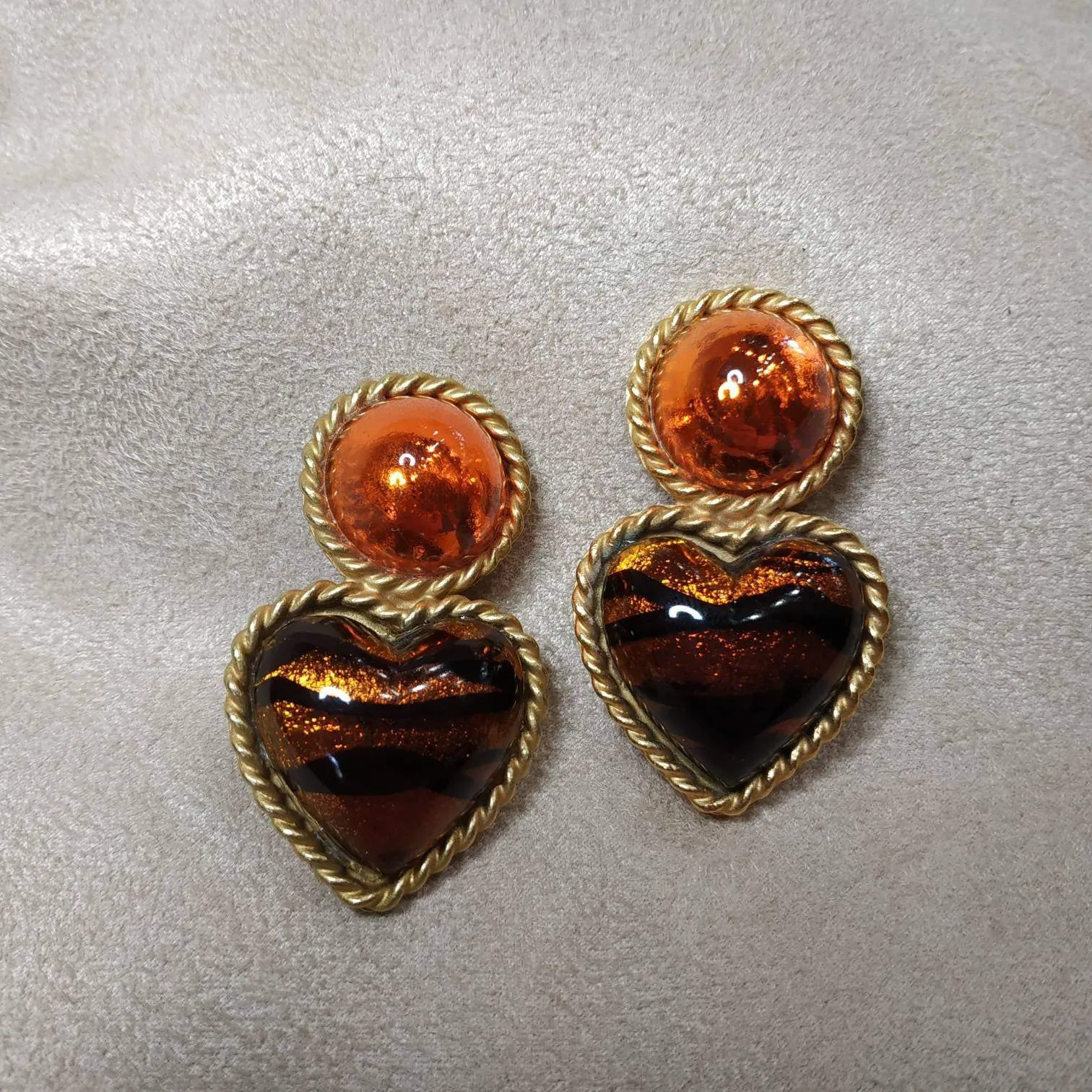 Vintage Heart Earrings by Rima Ariss Clip On Orange/Amber Leopard