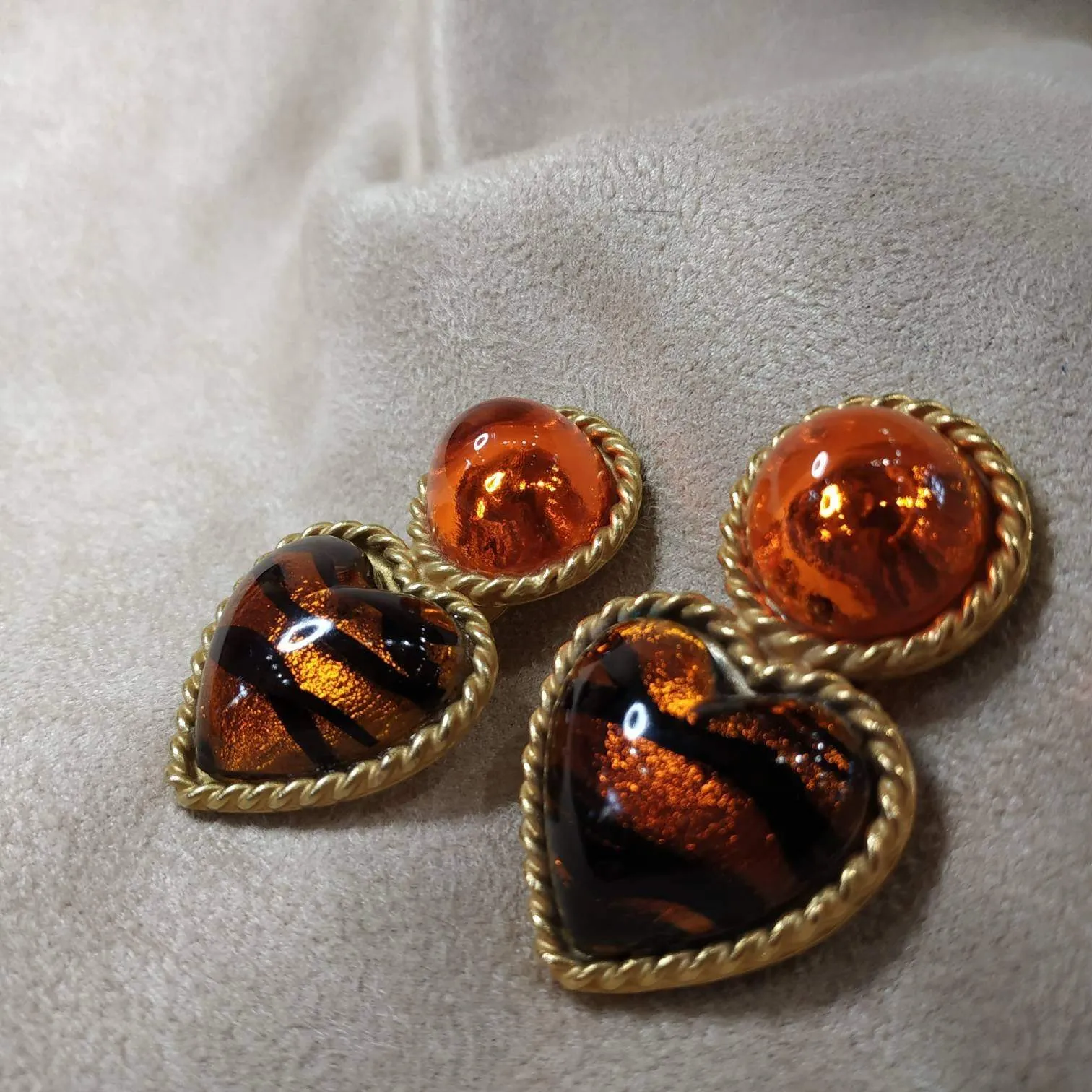 Vintage Heart Earrings by Rima Ariss Clip On Orange/Amber Leopard