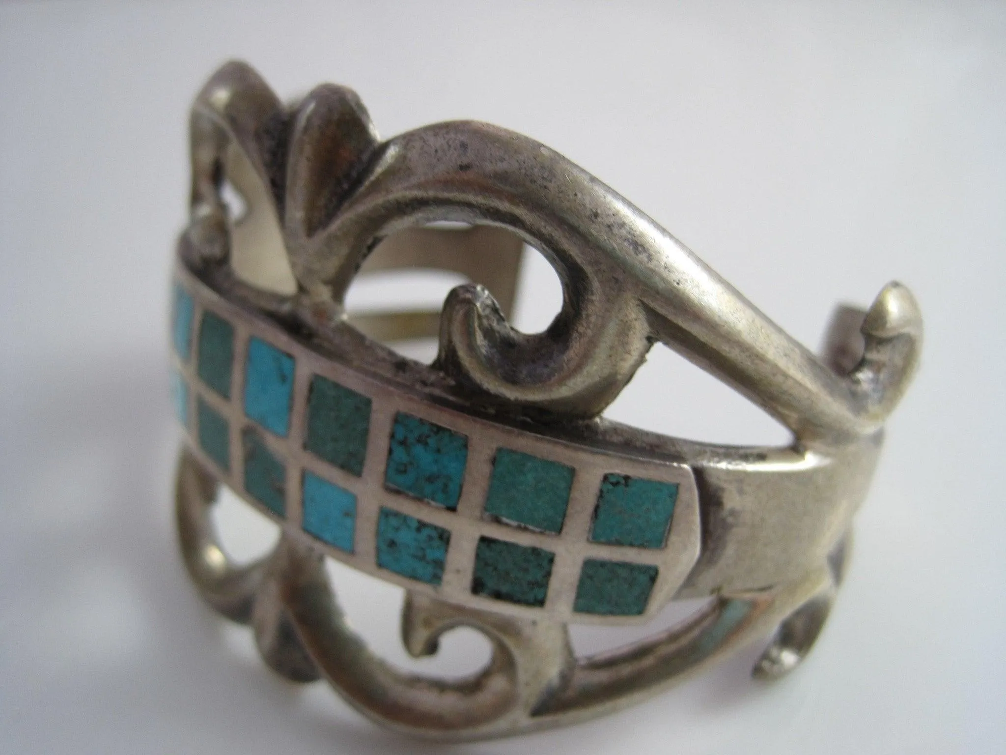 Vintage Zuni Sandcast Inlay Turquoise Cuff Bracelet