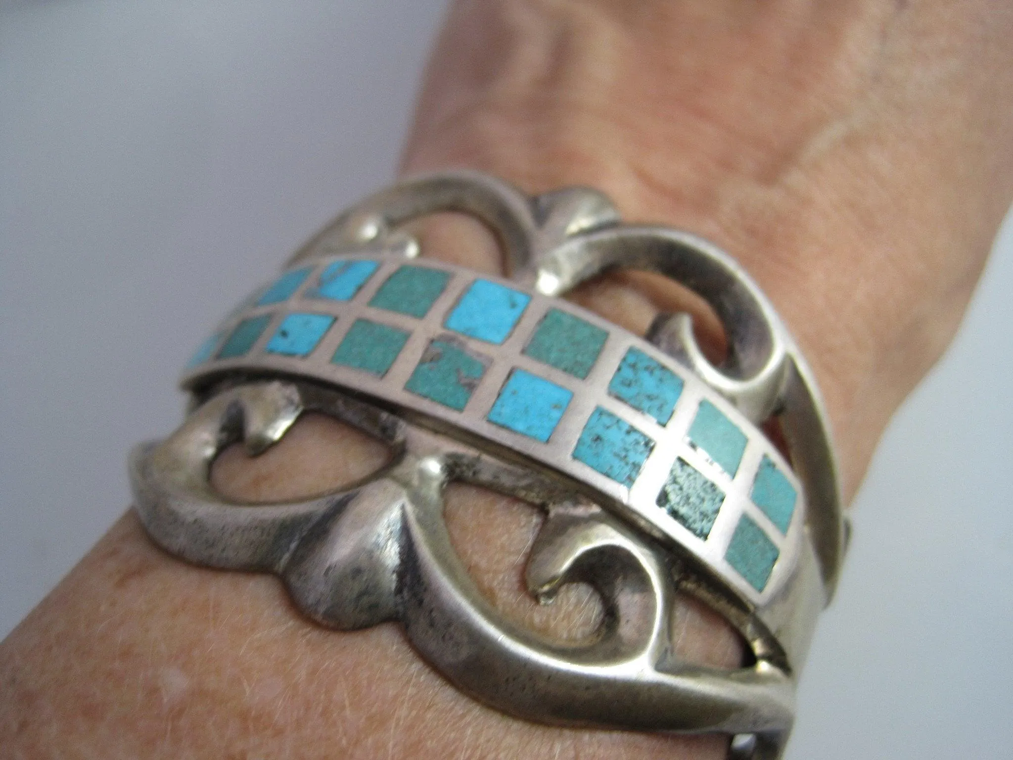 Vintage Zuni Sandcast Inlay Turquoise Cuff Bracelet