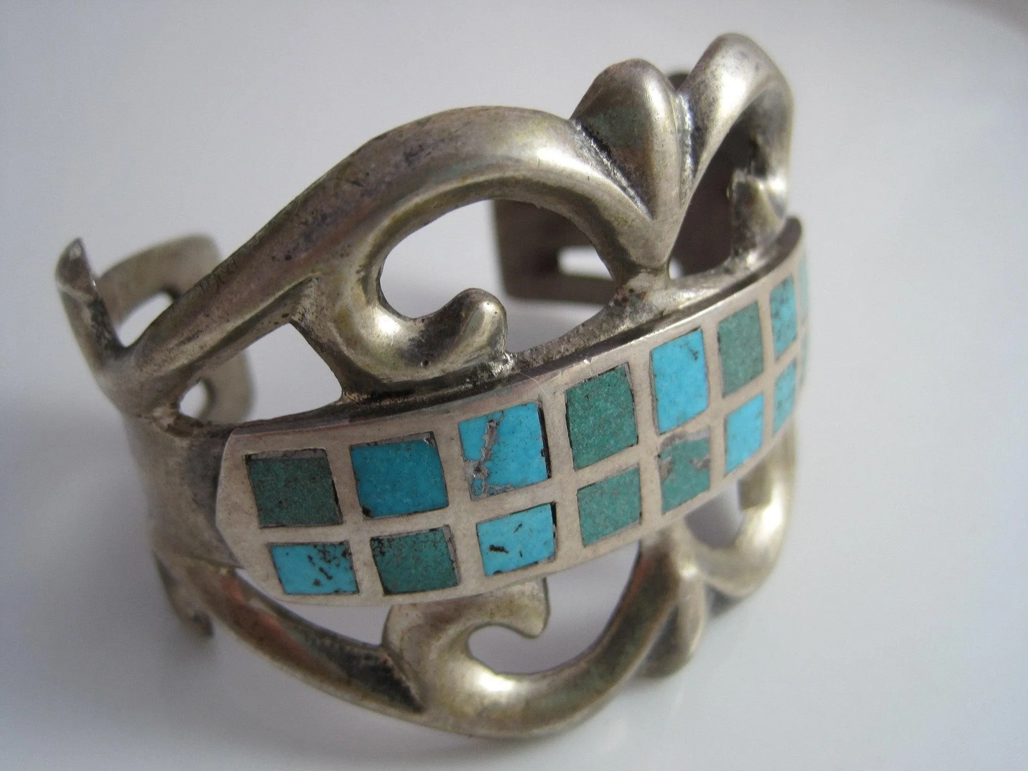 Vintage Zuni Sandcast Inlay Turquoise Cuff Bracelet