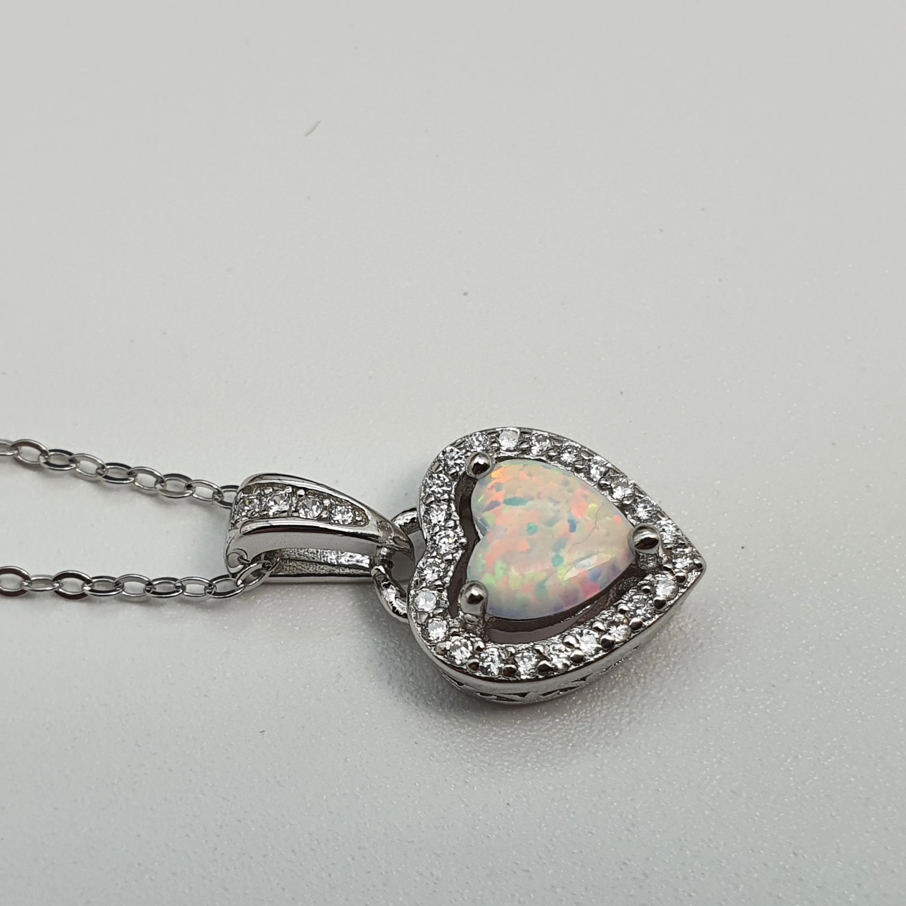 White Created Opal Heart Necklace, Sterling Silver